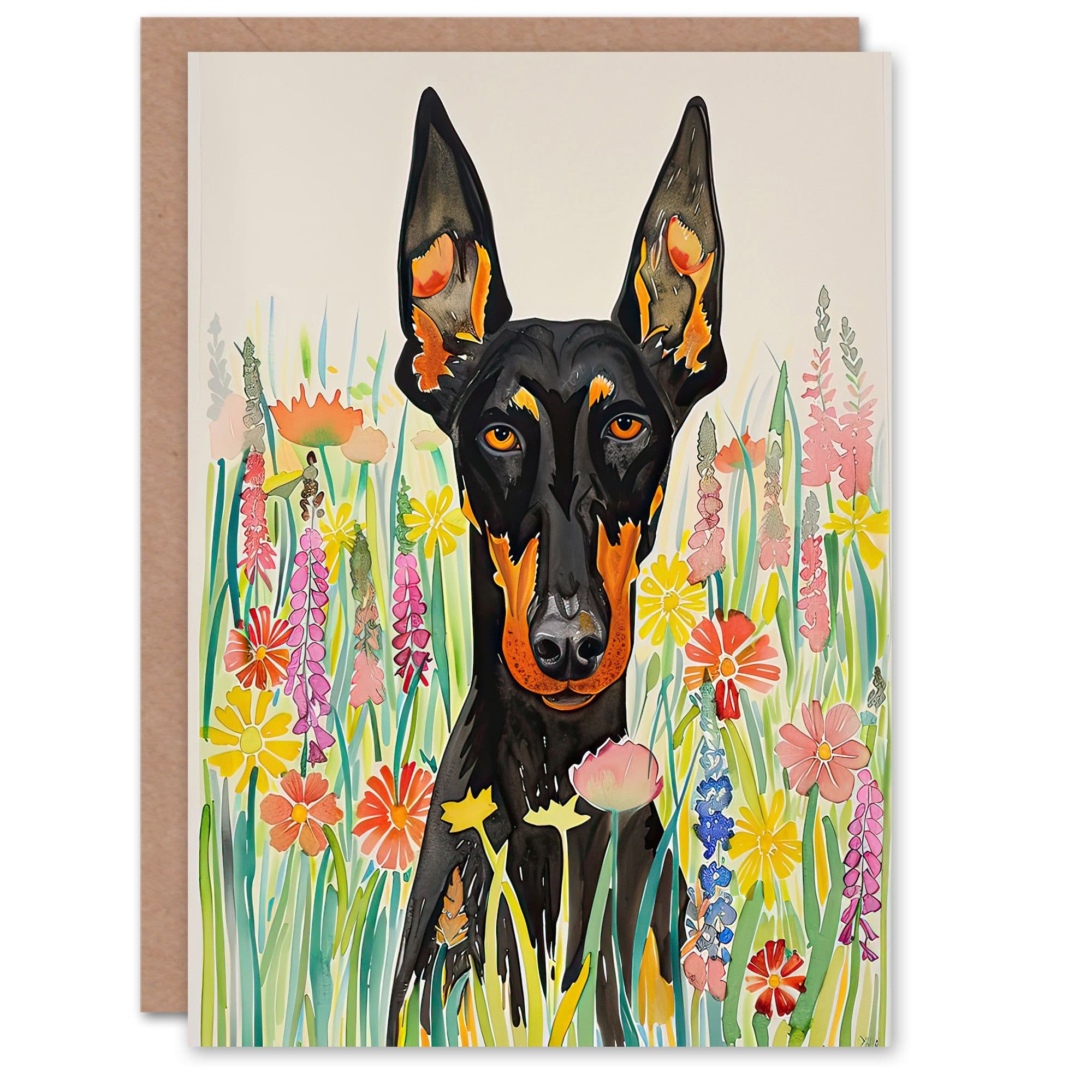 Greeting Card Doberman in Spring Meadow Vibrant Portrait Birthday