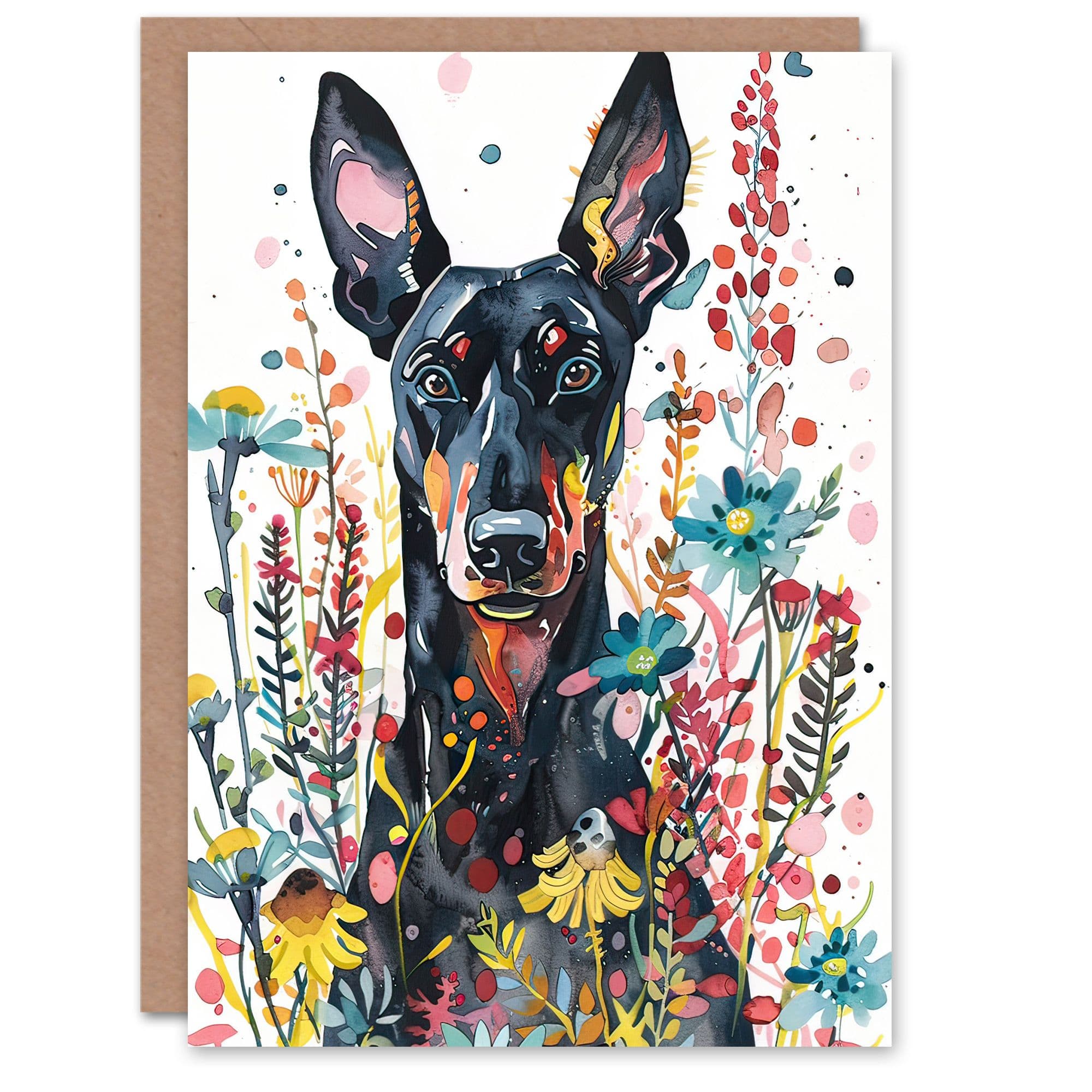 Greeting Card Dog Lover Happy Doberman in Spring Wildflowers Birthday