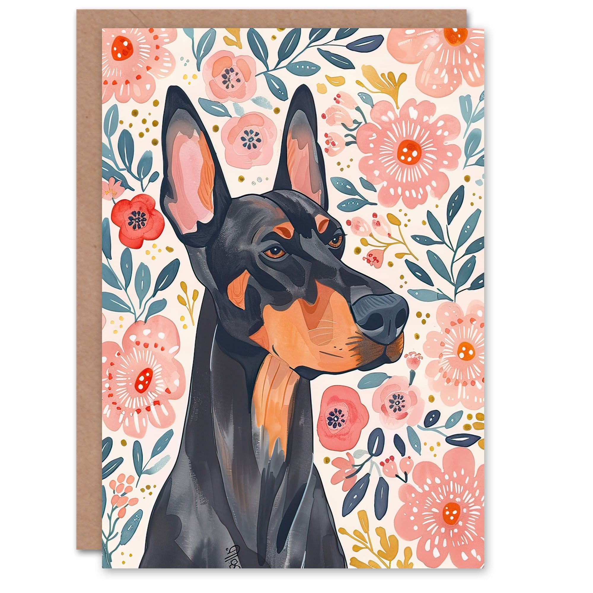 Greeting Card Dog Lover Doberman Portrait Pink Floral Folk Art