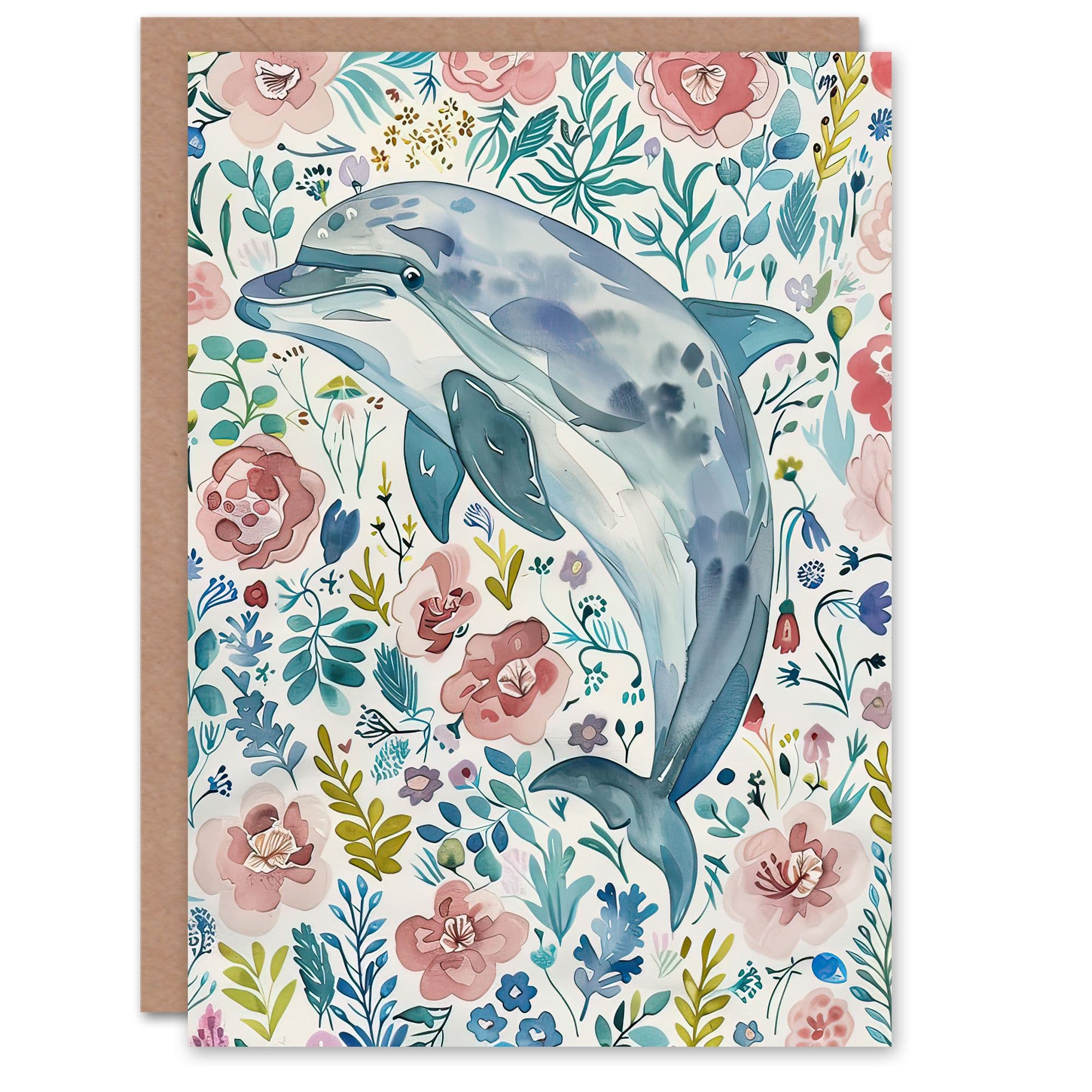 Greeting Card Dolphin Wildflowers Pink Watercolour Birthday