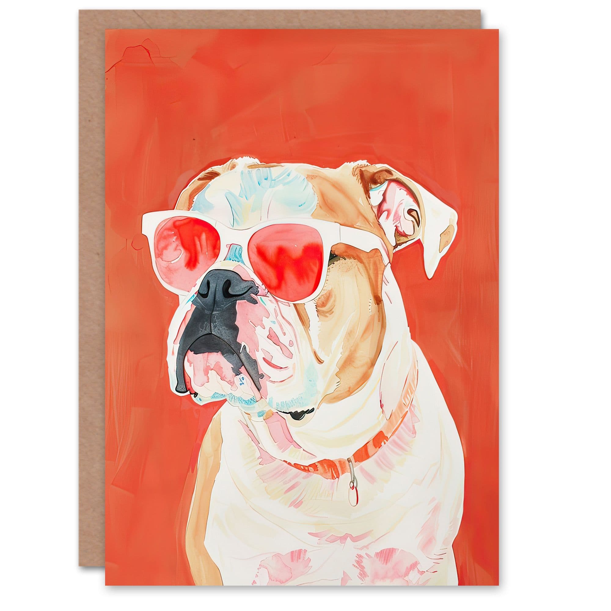 Greeting Card Dog Lover English Bulldog Sunglasses Pop Art Red