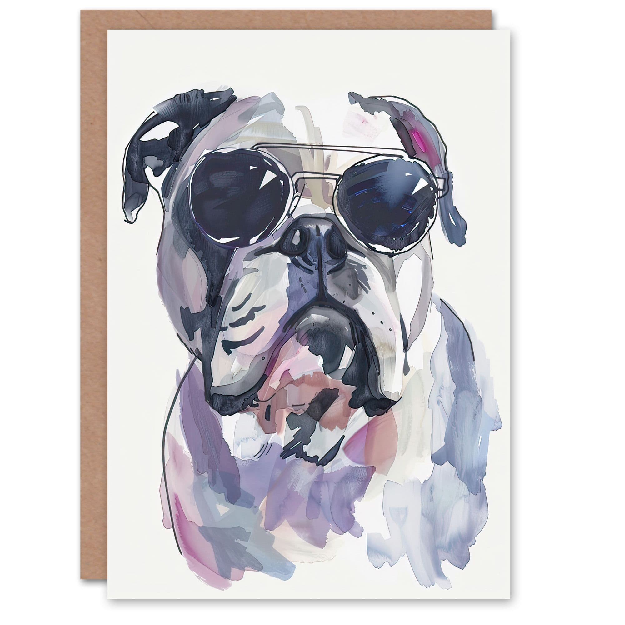 Greeting Card English Bulldog Aviator Sunglasses Watercolour
