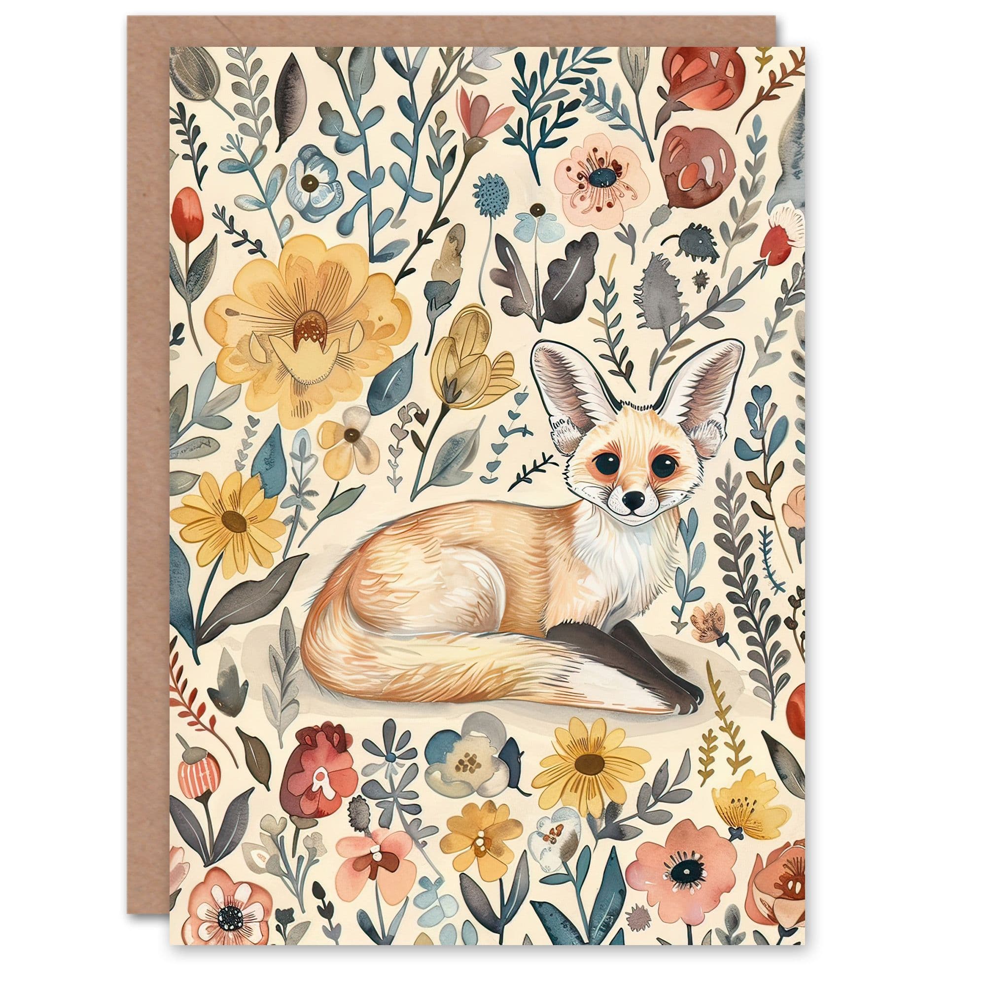 Greeting Card Cute Fennec Fox Boho Flower Pattern Watercolour Birthday
