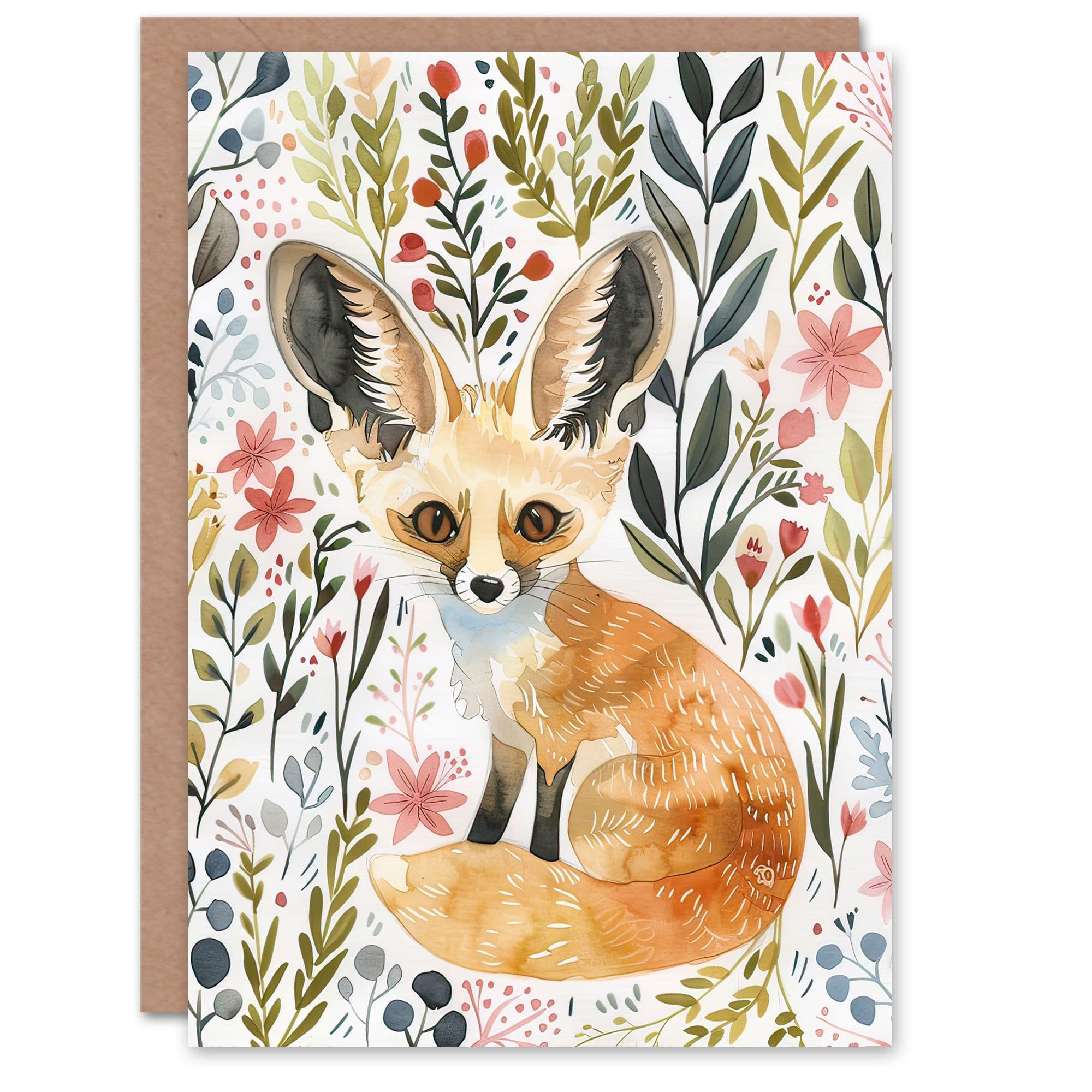 Greeting Card Fennec Fox Boho Floral Watercolour Portrait Birthday