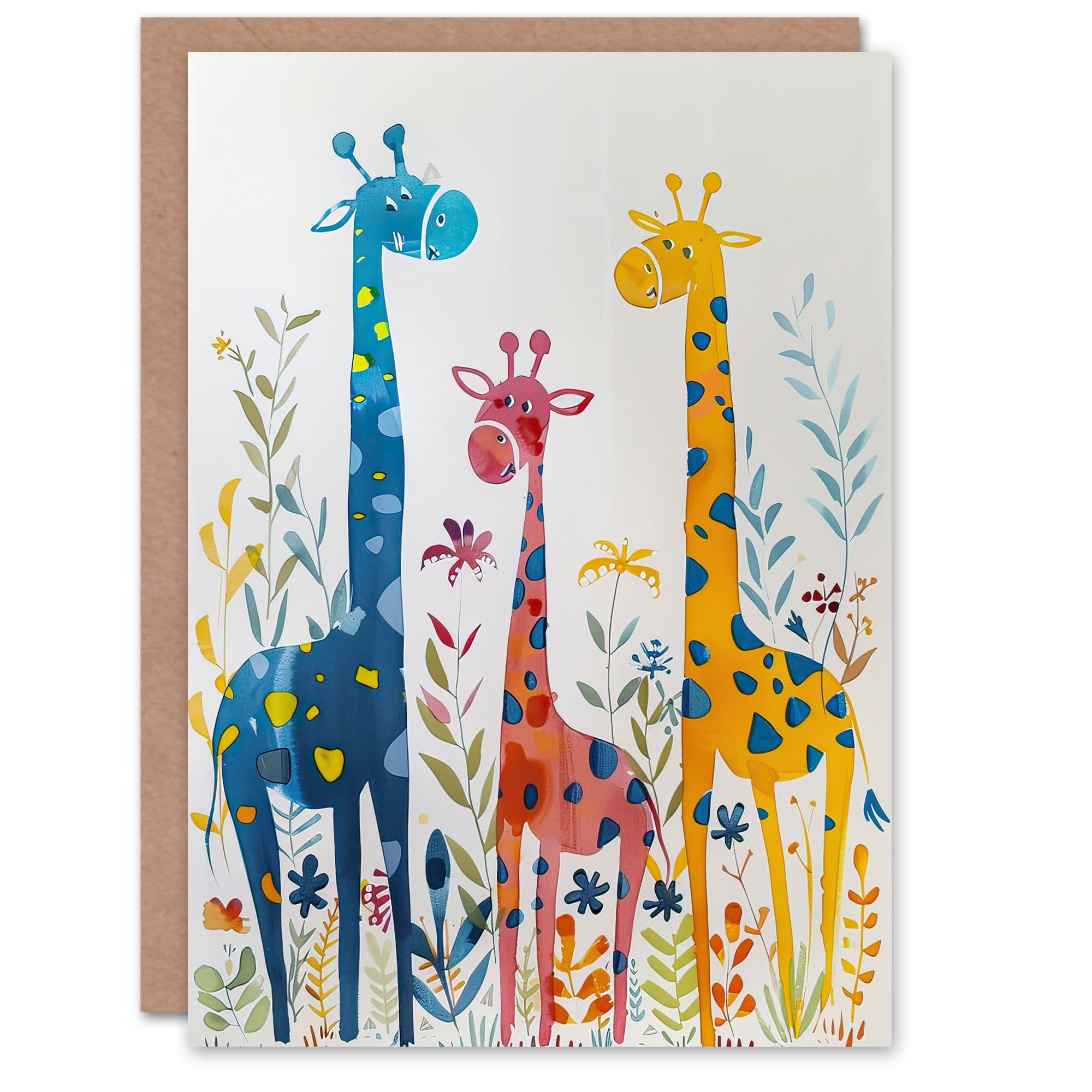 Greeting Card Cute Giraffe Family Orange Pink Watercolour