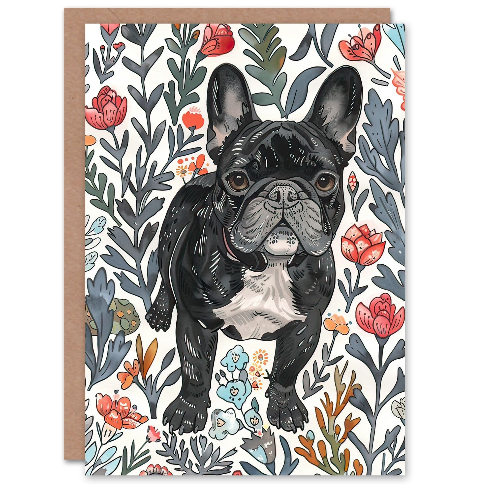 Greeting Card Cute French Bulldog in Flower Garden Dog Lover Birthday