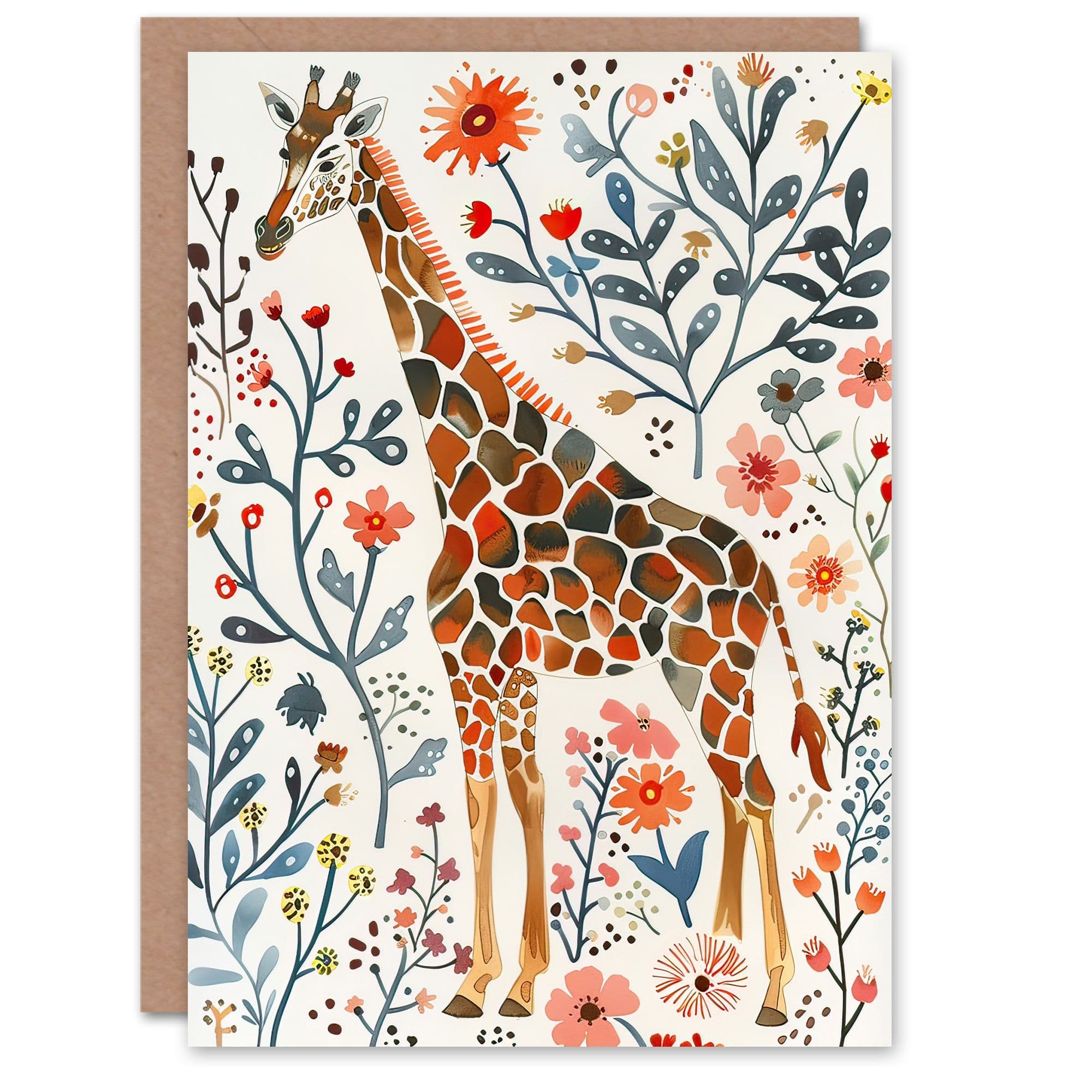 Greeting Card Giraffe Wildflowers Watercolour Folk Art Birthday