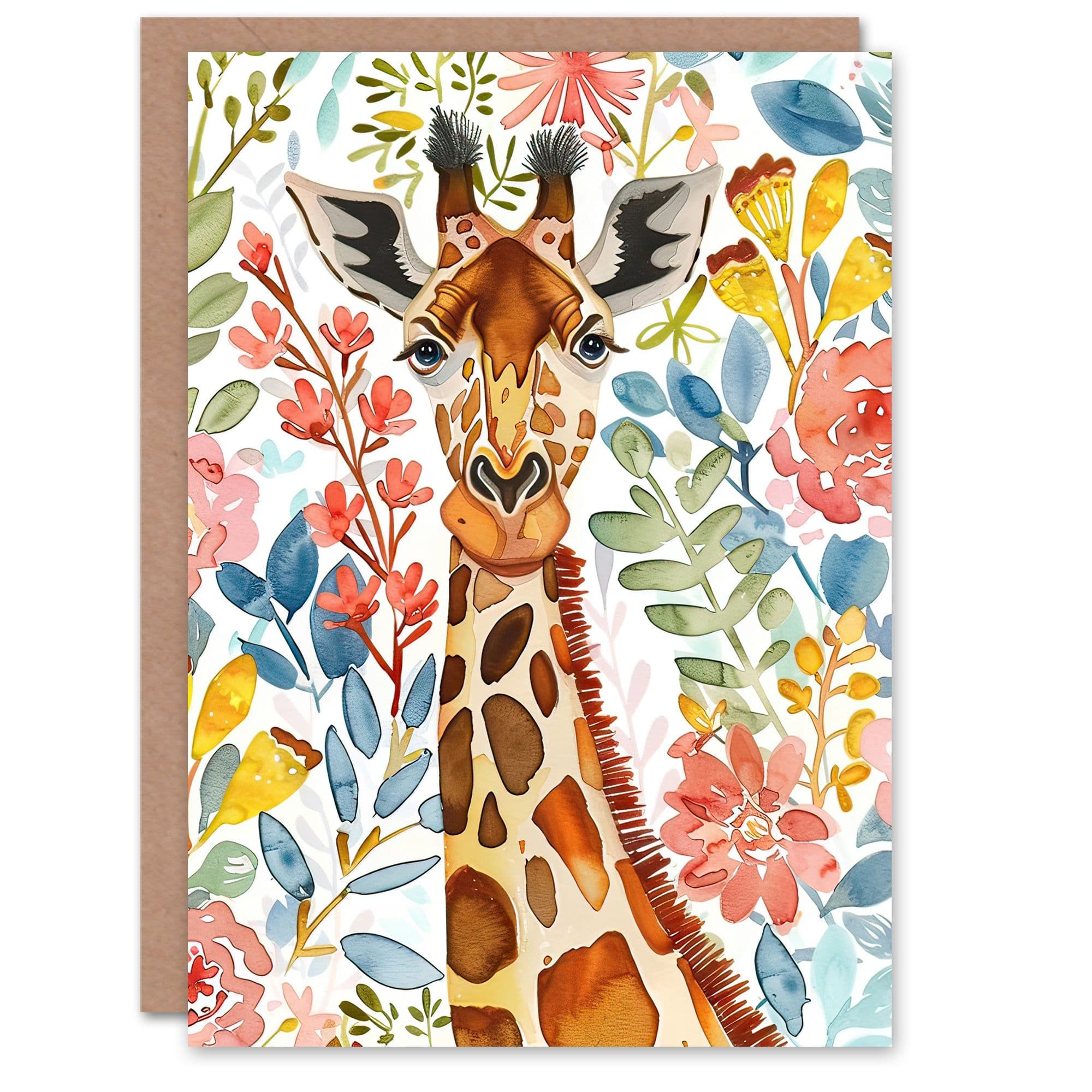 Greeting Card Giraffe Colourful Floral Watercolour Portrait Birthday
