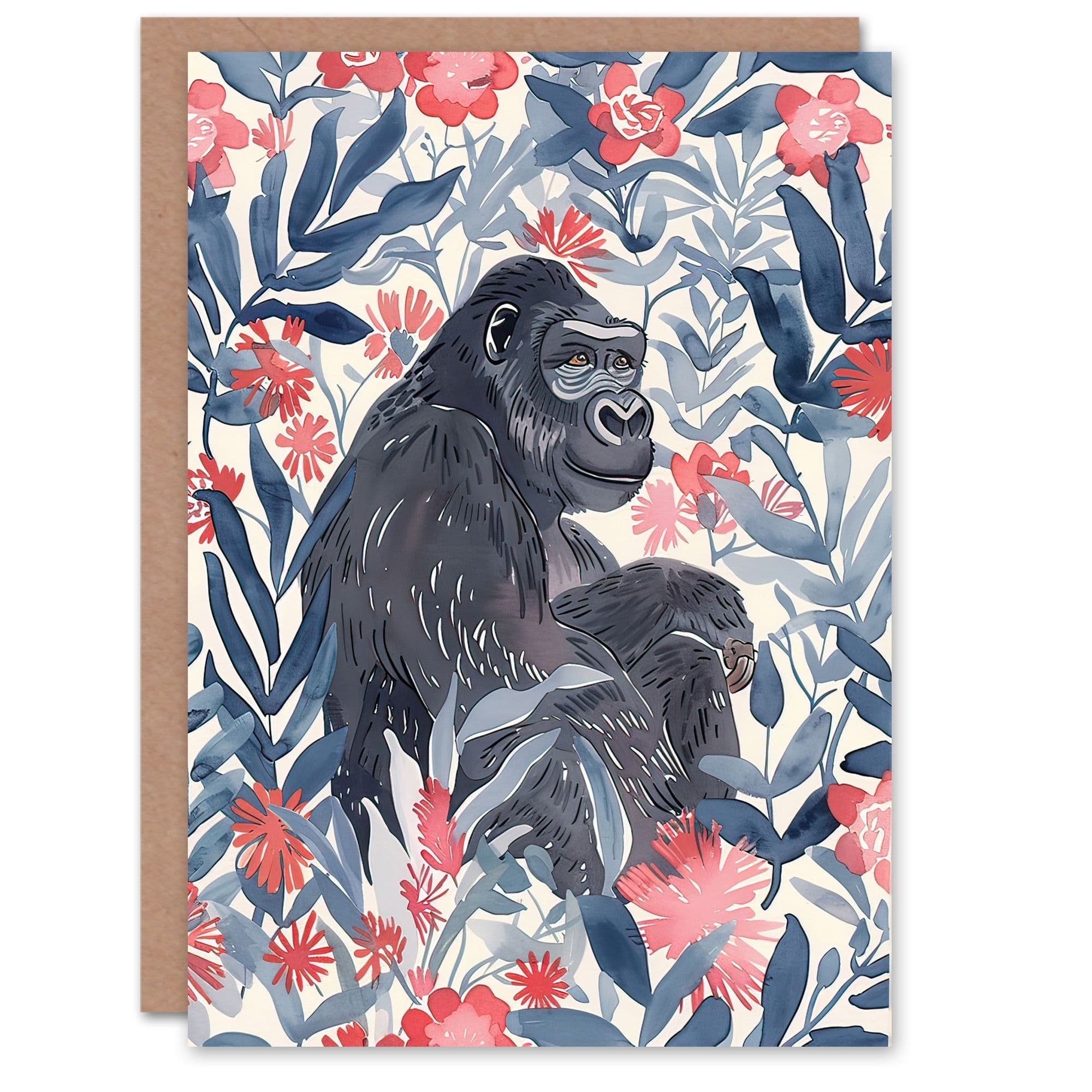 Greeting Card Gorilla Ape Tropical Flowers Watercolour
