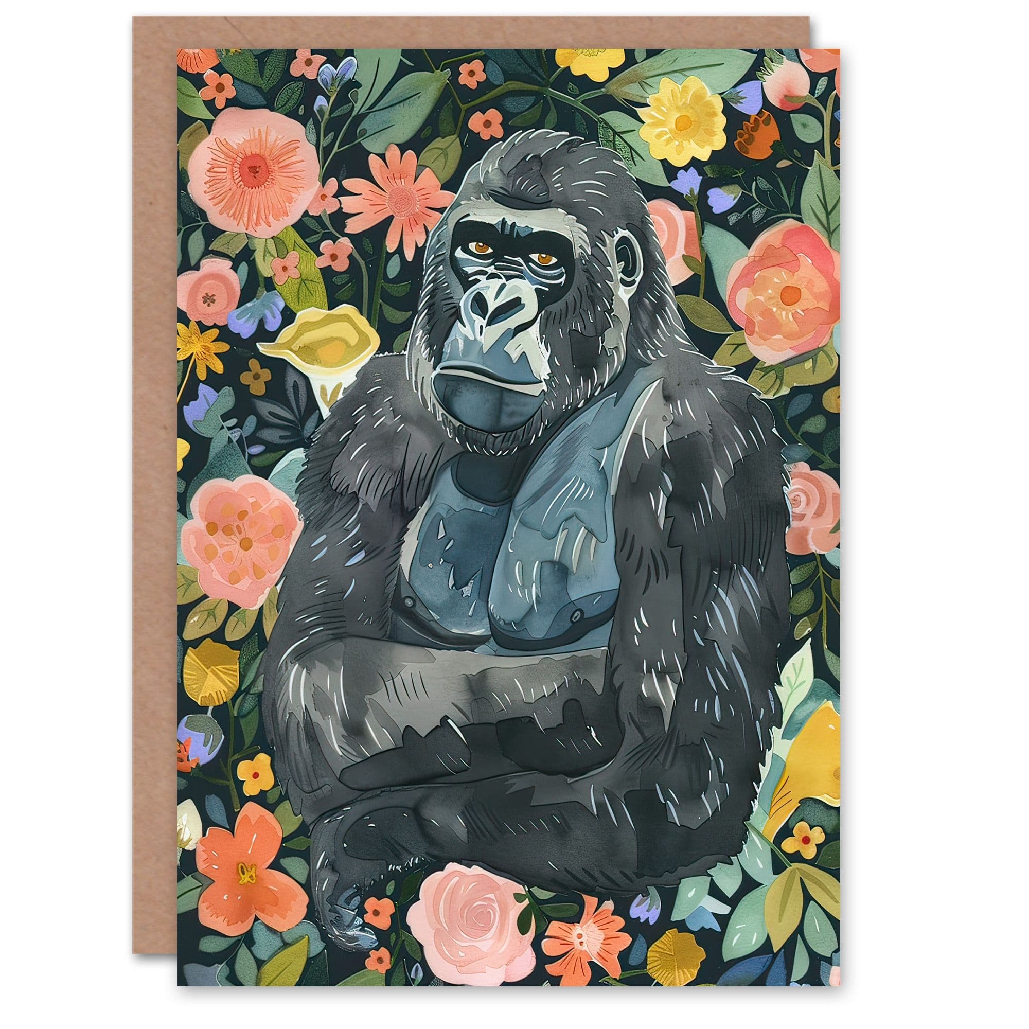 Greeting Card Gorilla Ape in Floral Jungle Watercolour Portrait