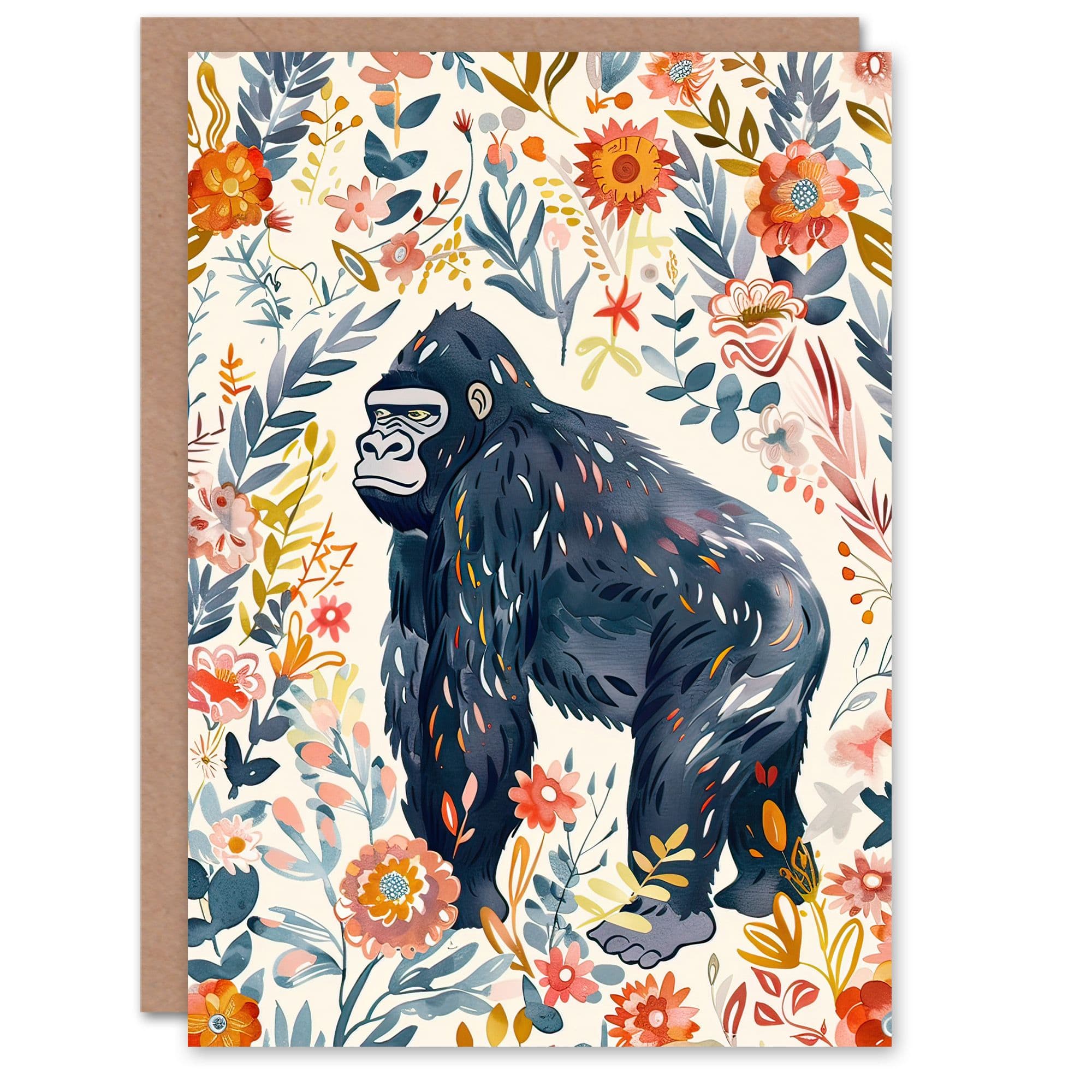 Greeting Card Gorilla Ape with Wildflowers Floral Watercolour Birthday