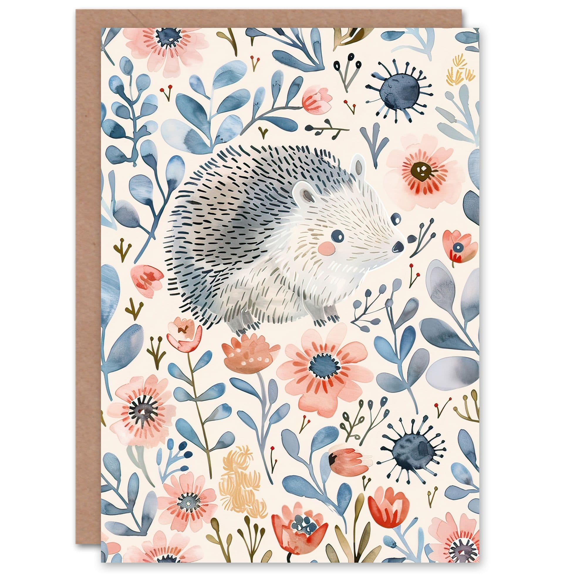 Greeting Card Cute Hedgehog with Blue Pink Flowers Watercolour