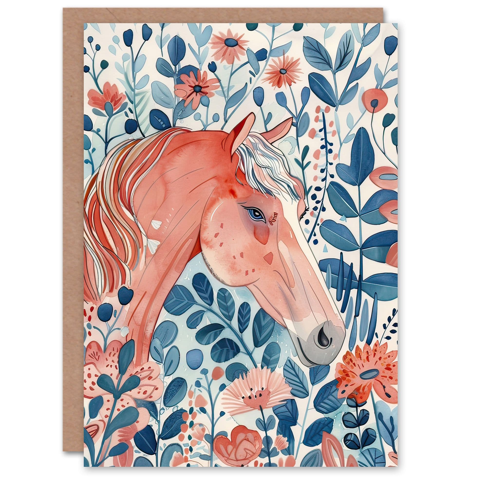 Greeting Card Horse in Flower Field Pink Blue Watercolour Birthday