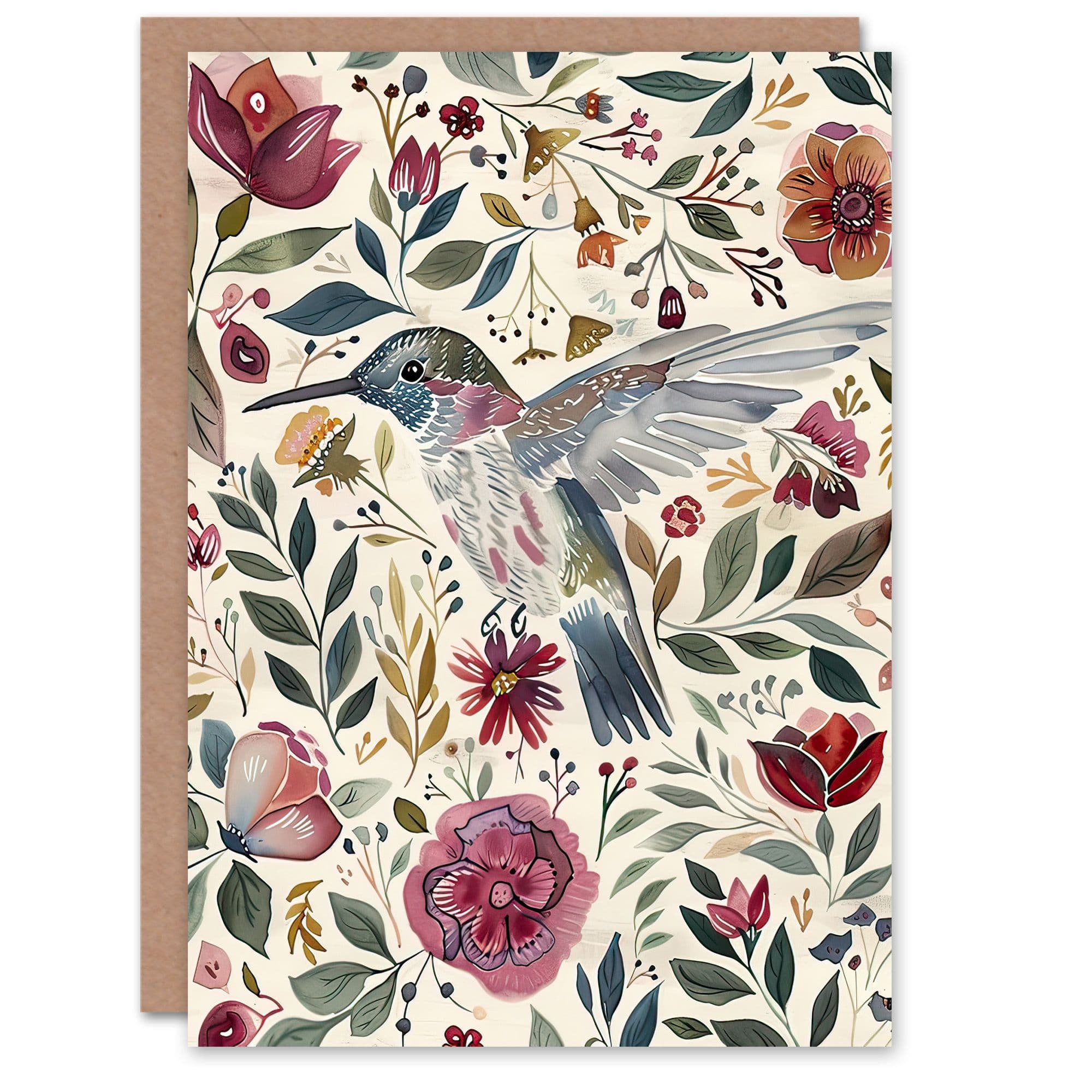Greeting Card Hummingbird Rustic Flower Pattern Muted Tones