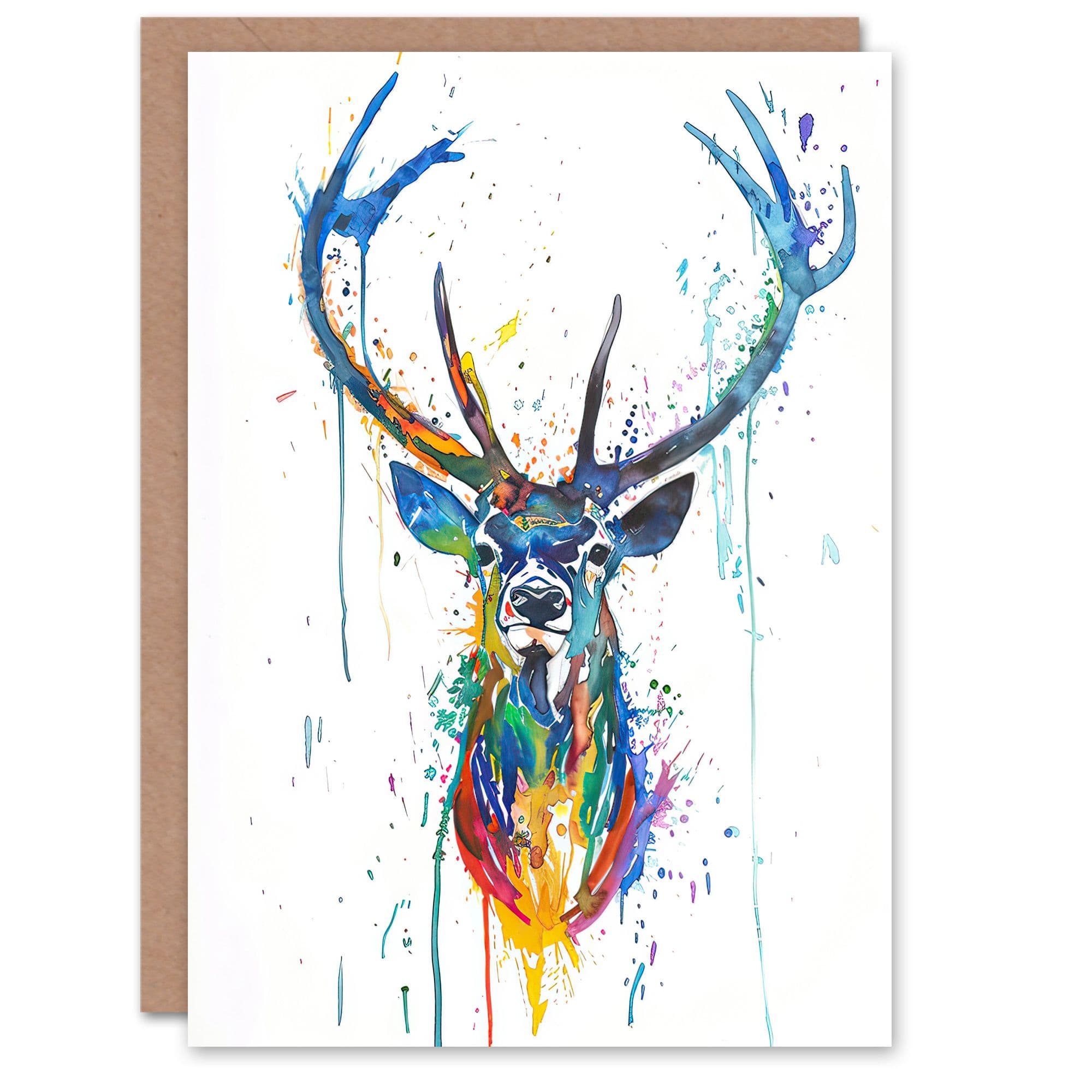 Greeting Card Deer Stag Colourful Ink Splat Bright Portrait Birthday