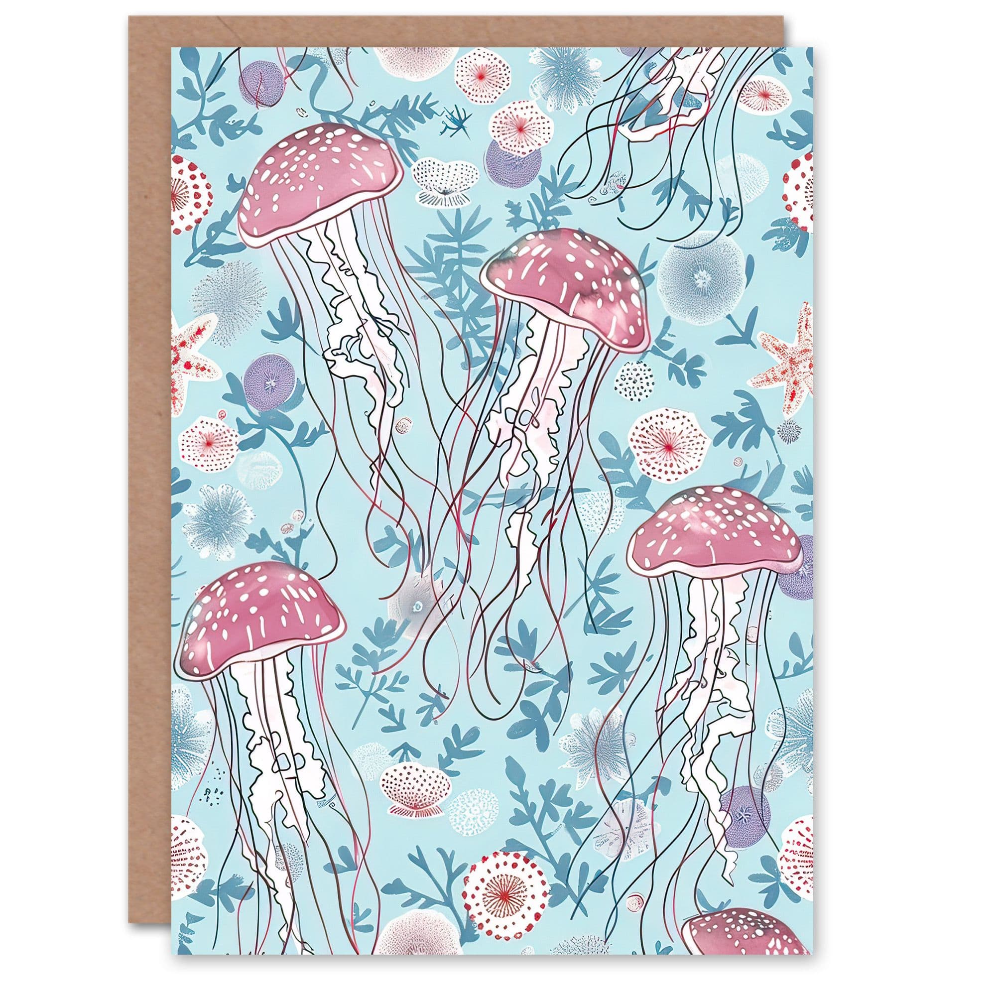 Greeting Card Underseas Jellyfish Flowers Baby Blue Pink Design