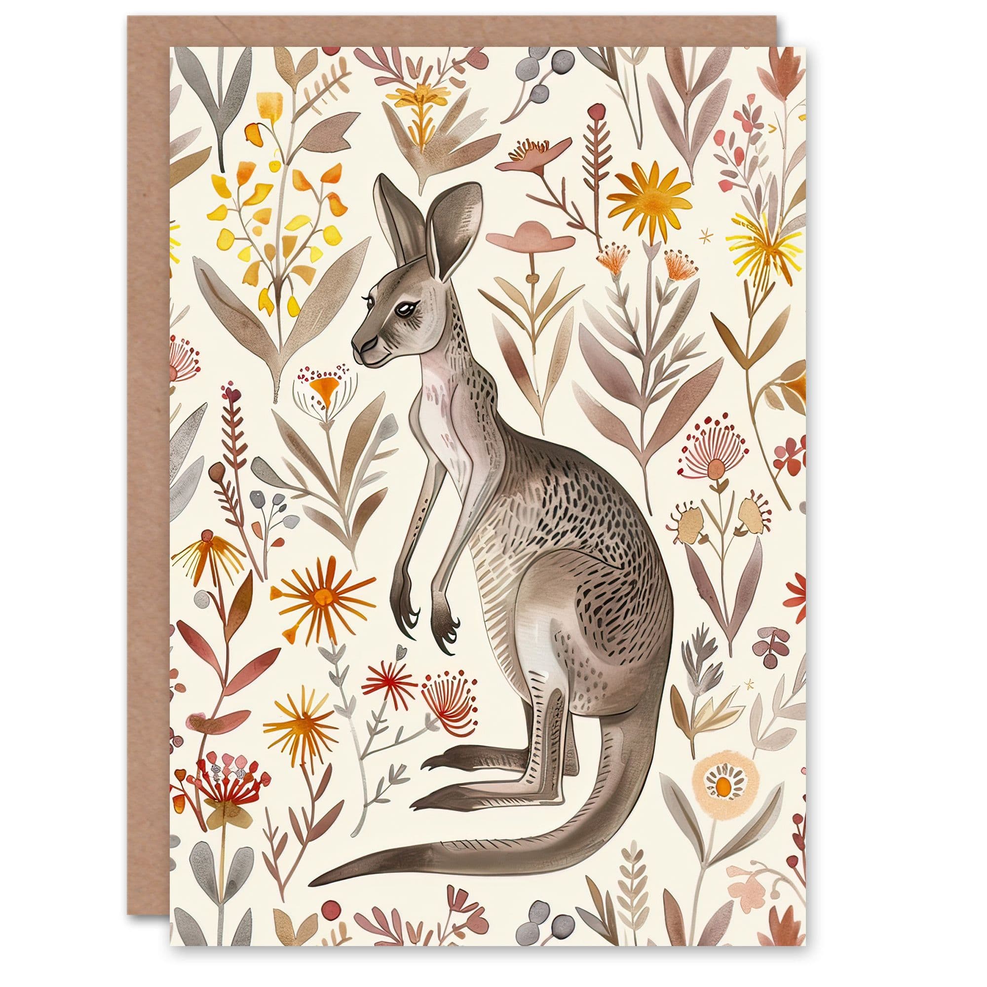 Greeting Card Cute Kangaroo Wildflowers Bright Folk Art Birthday