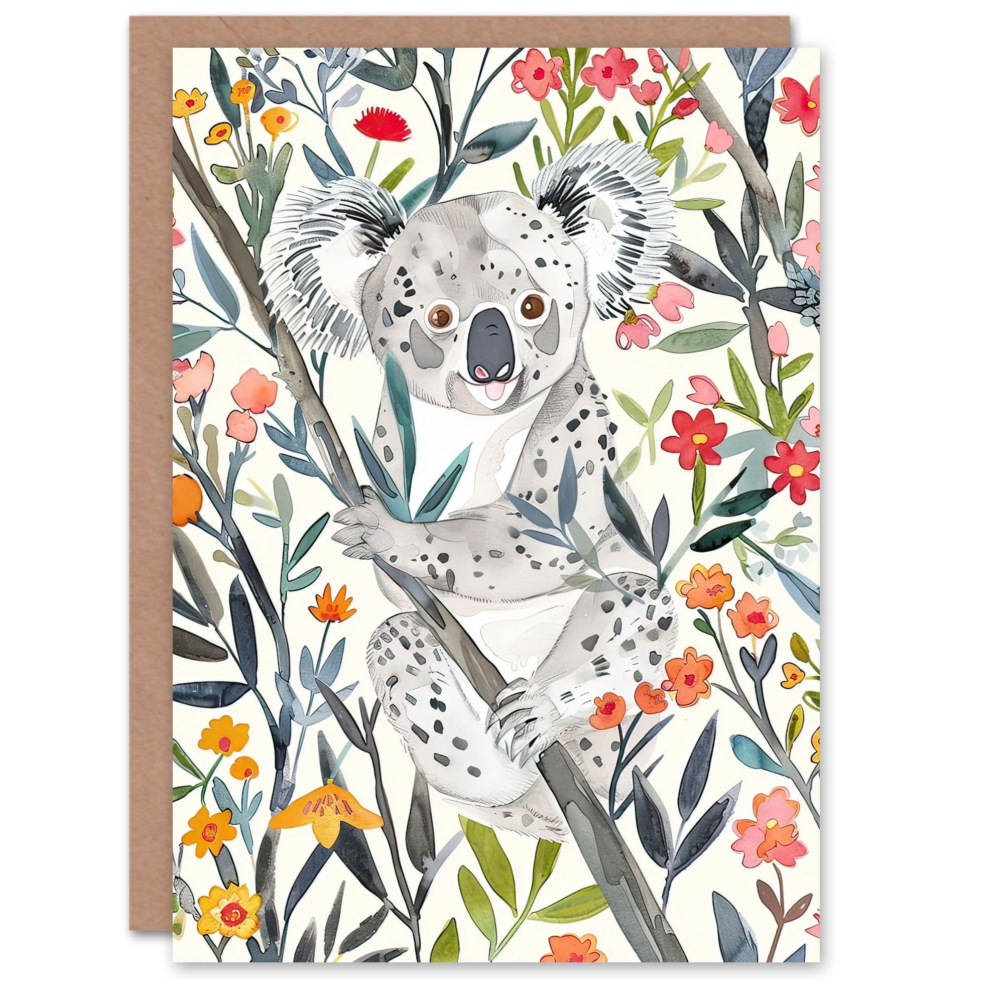 Greeting Card Happy Koala Bear on Blooming Tree Watercolour Birthday