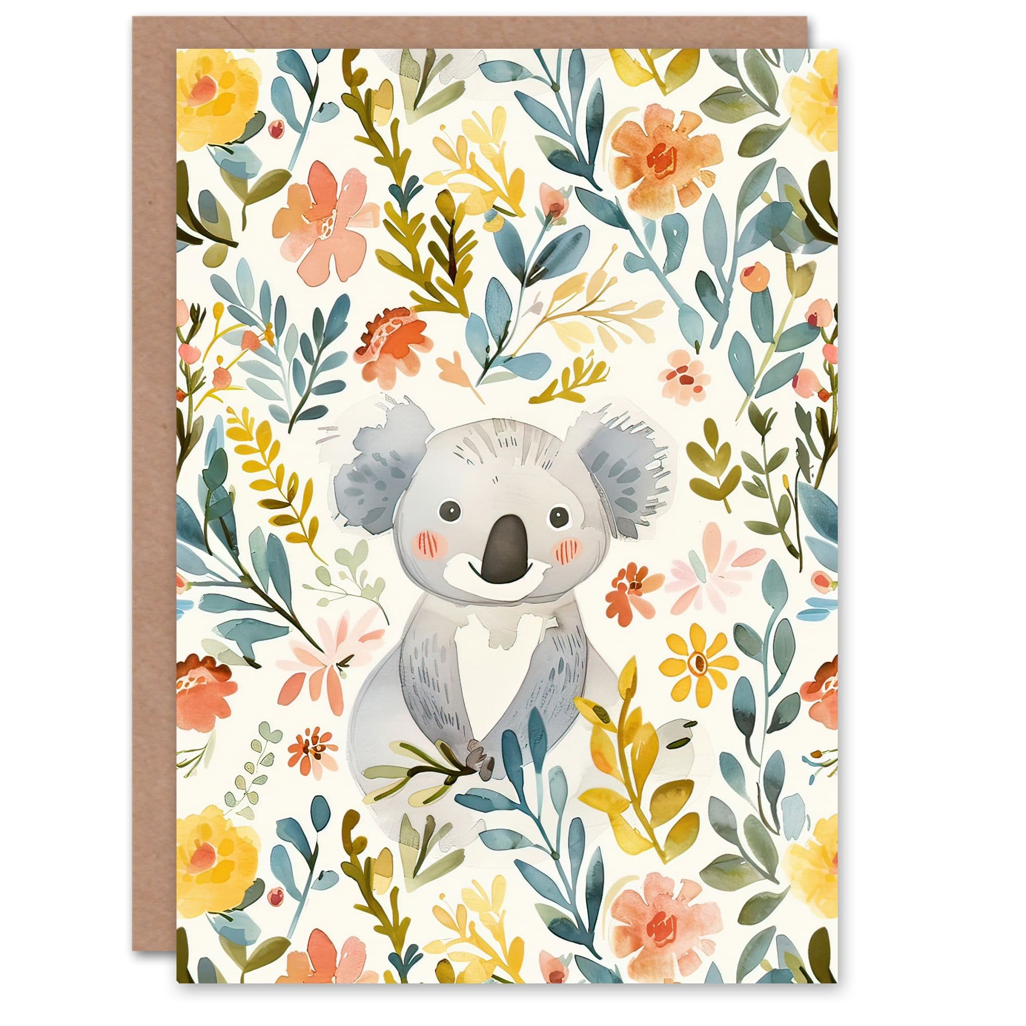 Greeting Card Adorable Koala Bear Floral Meadow Watercolour