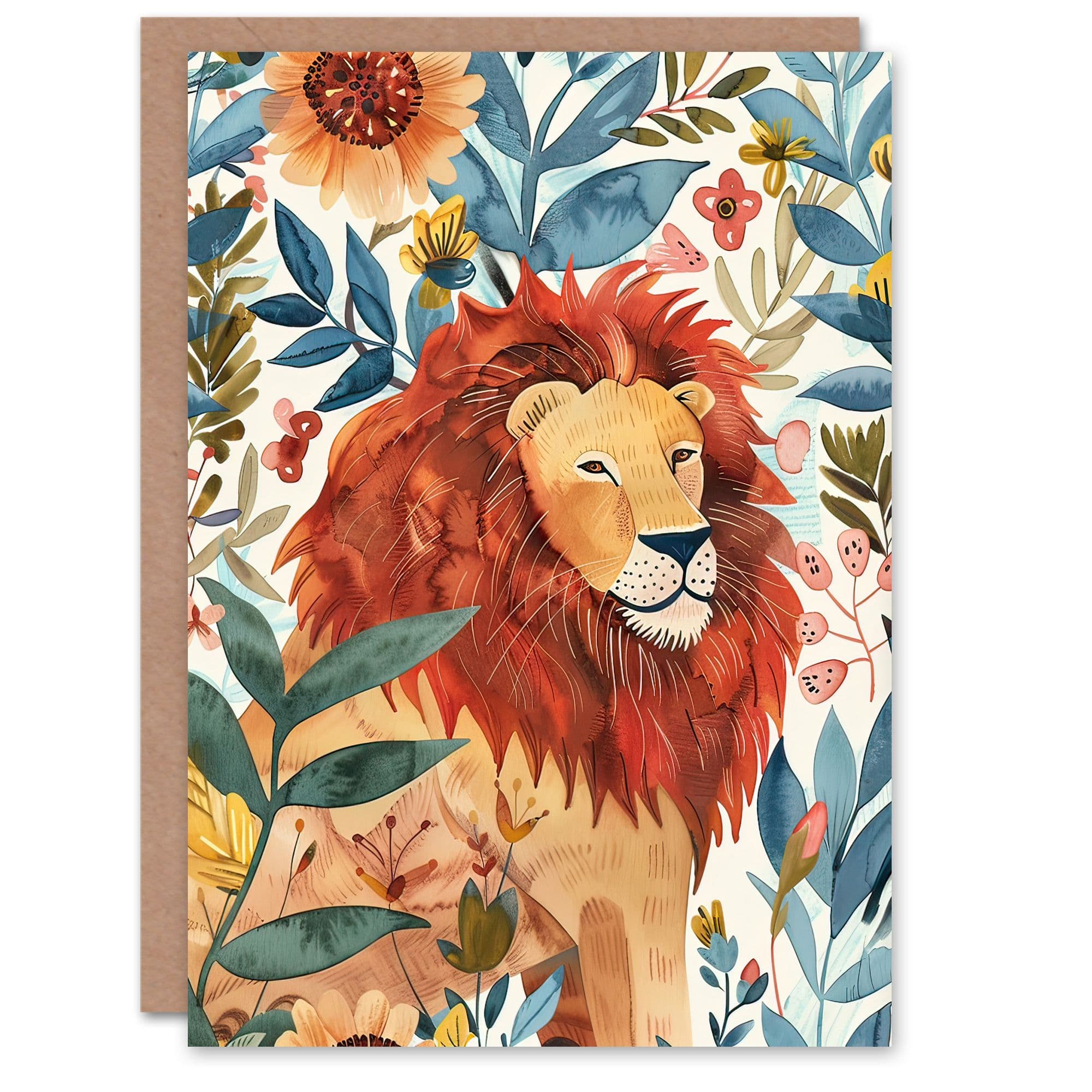 Greeting Card Lion Floral Jungle Bright Watercolour Painting