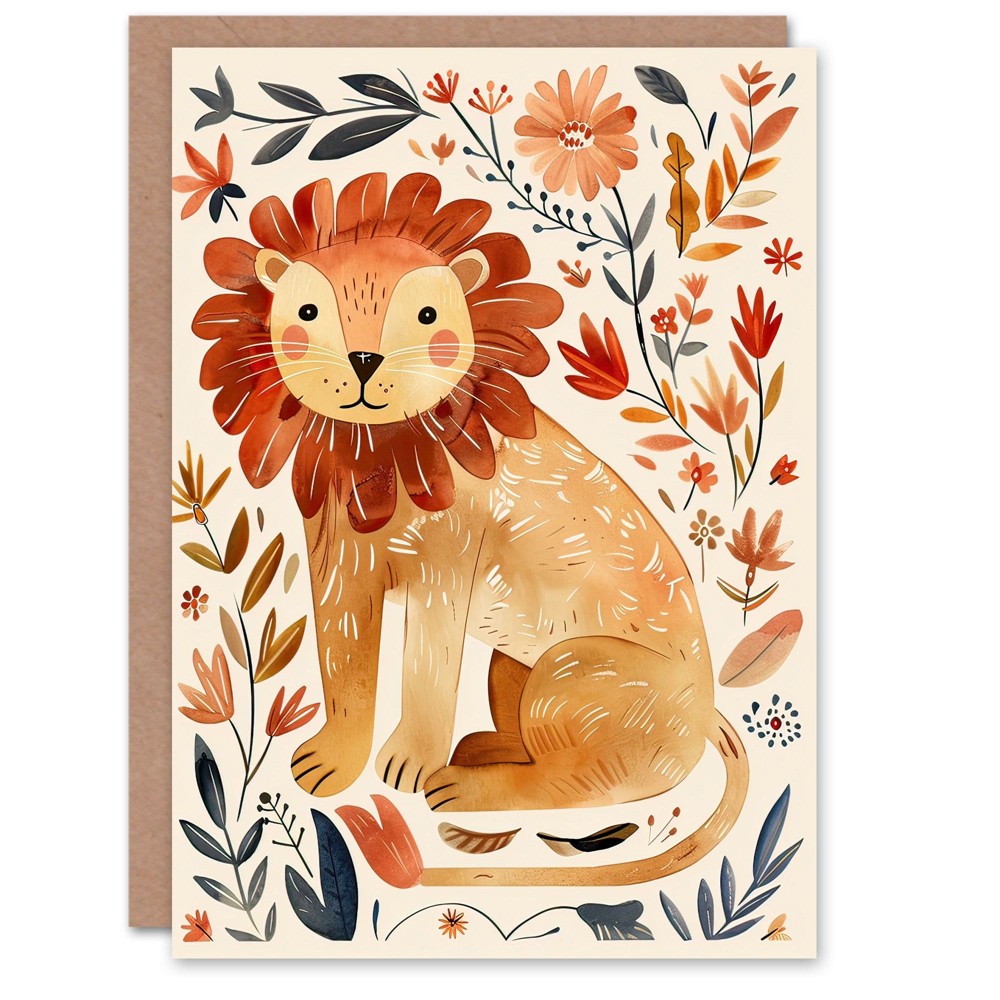 Greeting Card Cute Baby Lion Rustic Floral Watercolour Birthday