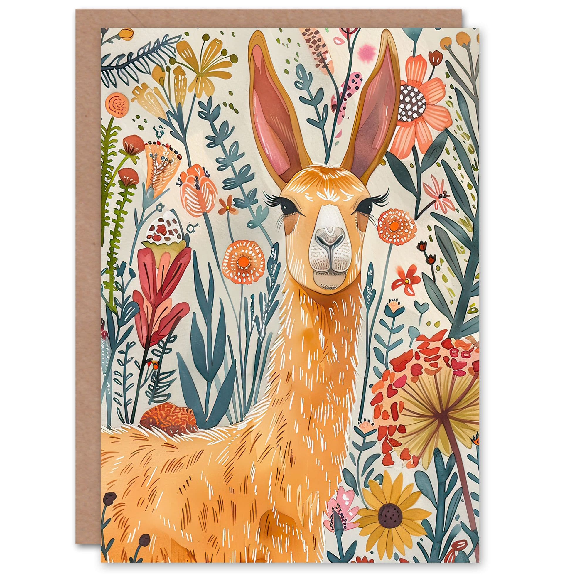 Greeting Card Lady Llama with Colourful Flowers Watercolour Birthday