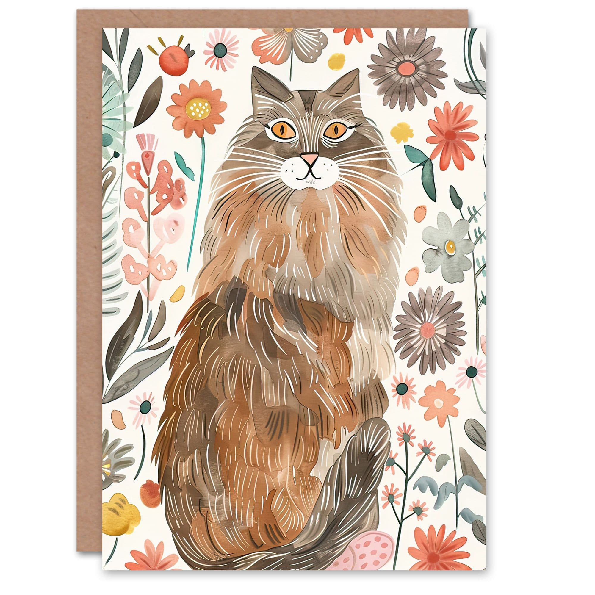 Greeting Card Cat Lover Maine Coon Folk Art Floral Watercolour