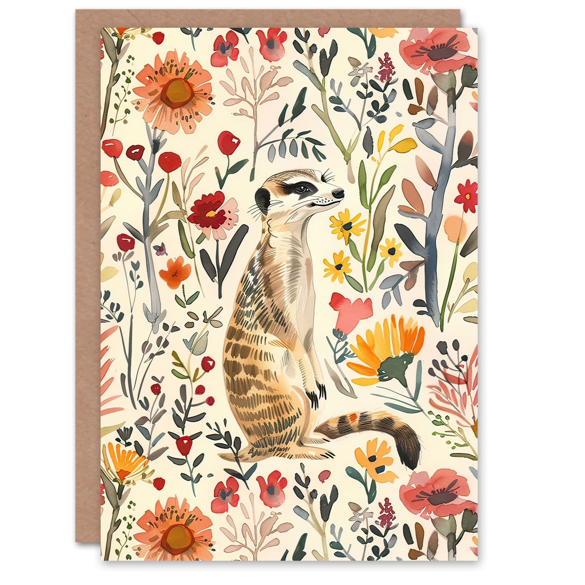 Greeting Card Meerkat in Wild Flower Meadow Watercolour Spring