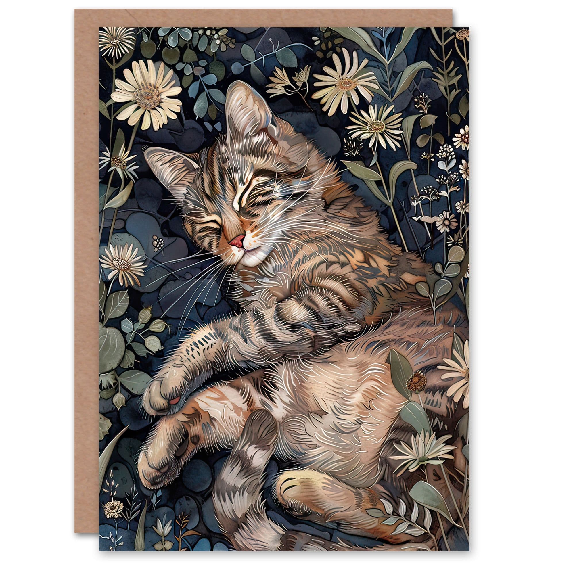 Greeting Card Cute Moggie Sleeping in Daisy Field Cat Lover Birthday