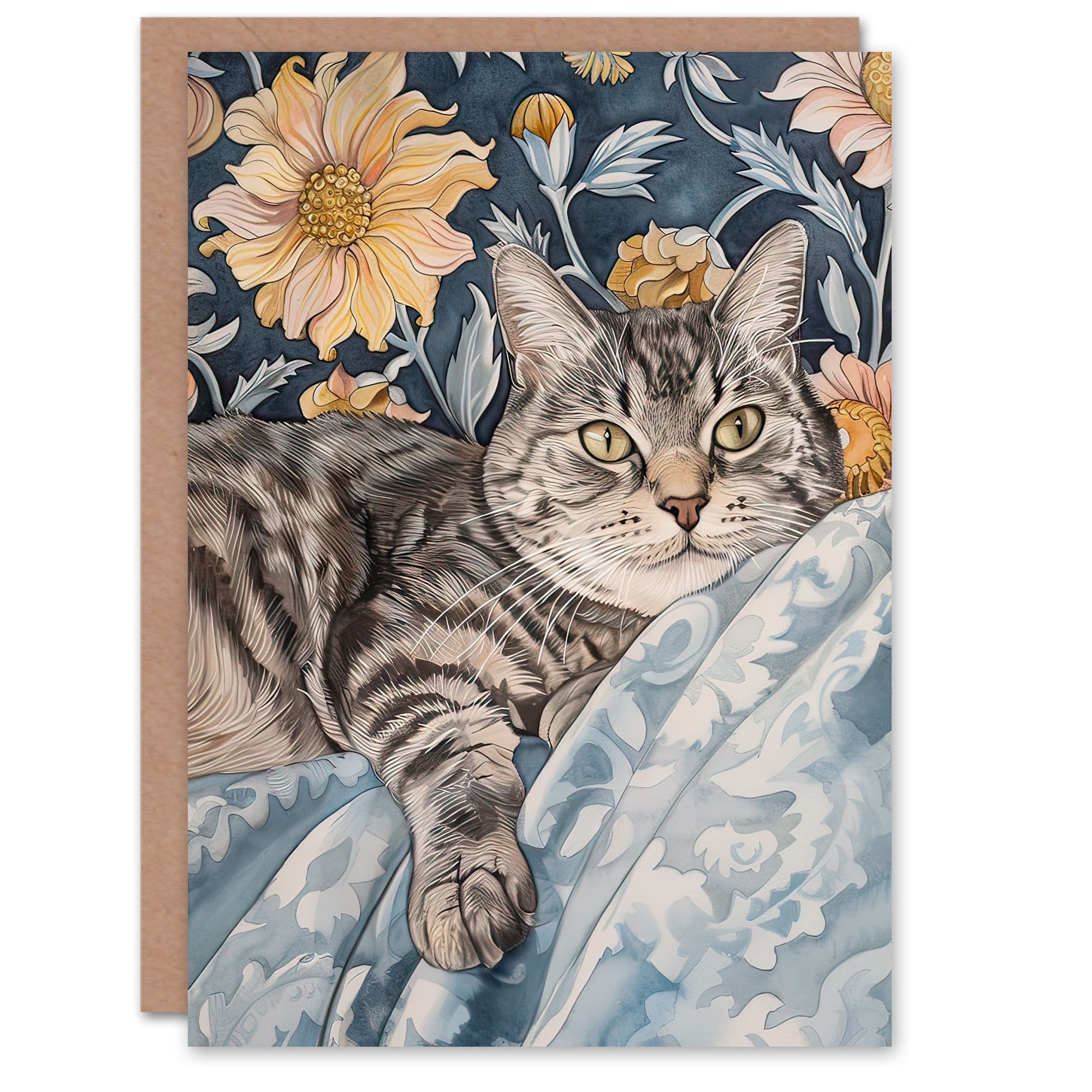Greeting Card Cat Lover Tabby Moggie Elegant Floral Portrait Birthday