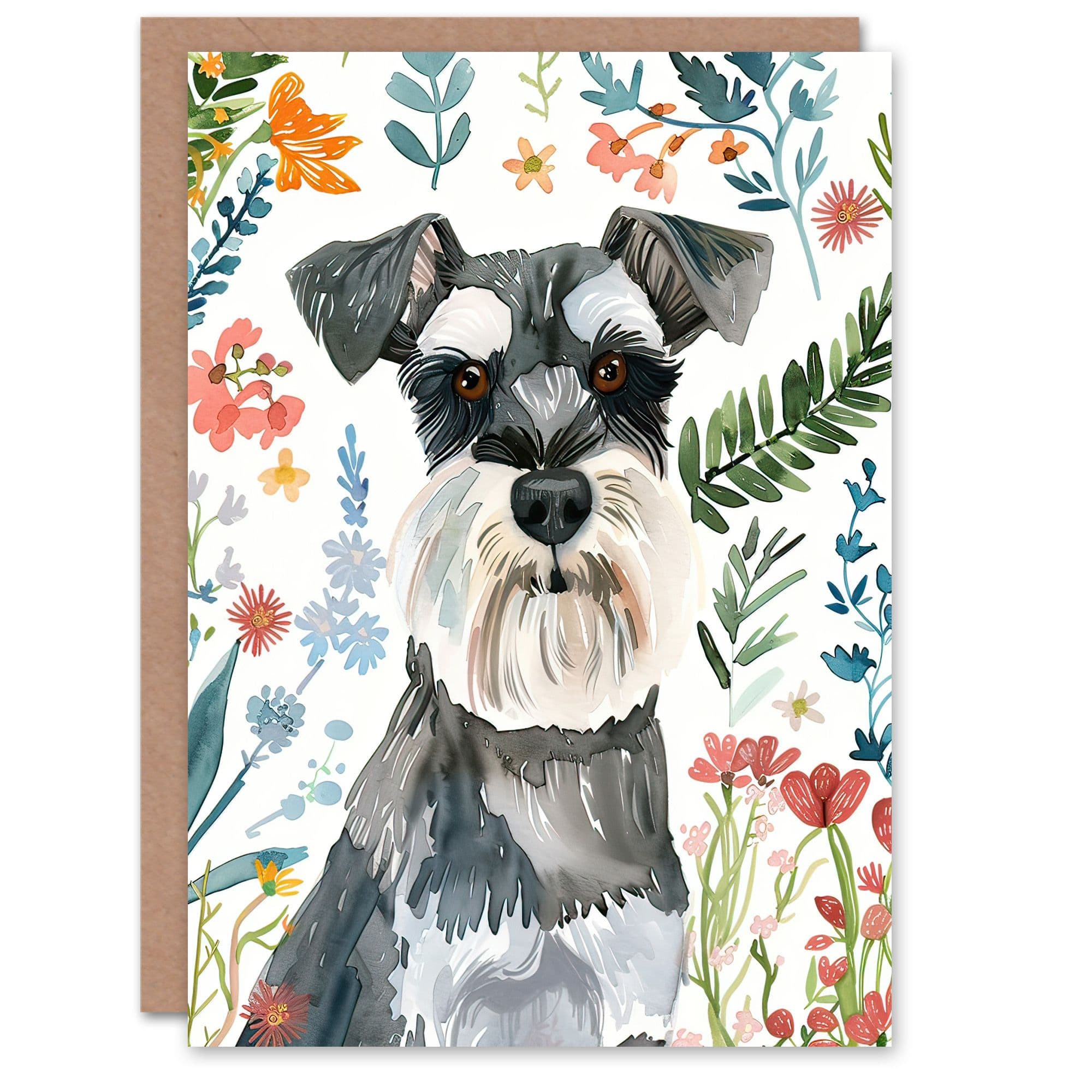 Greeting Card Dog Lover Miniature Schnauzer Floral Portrait Birthday