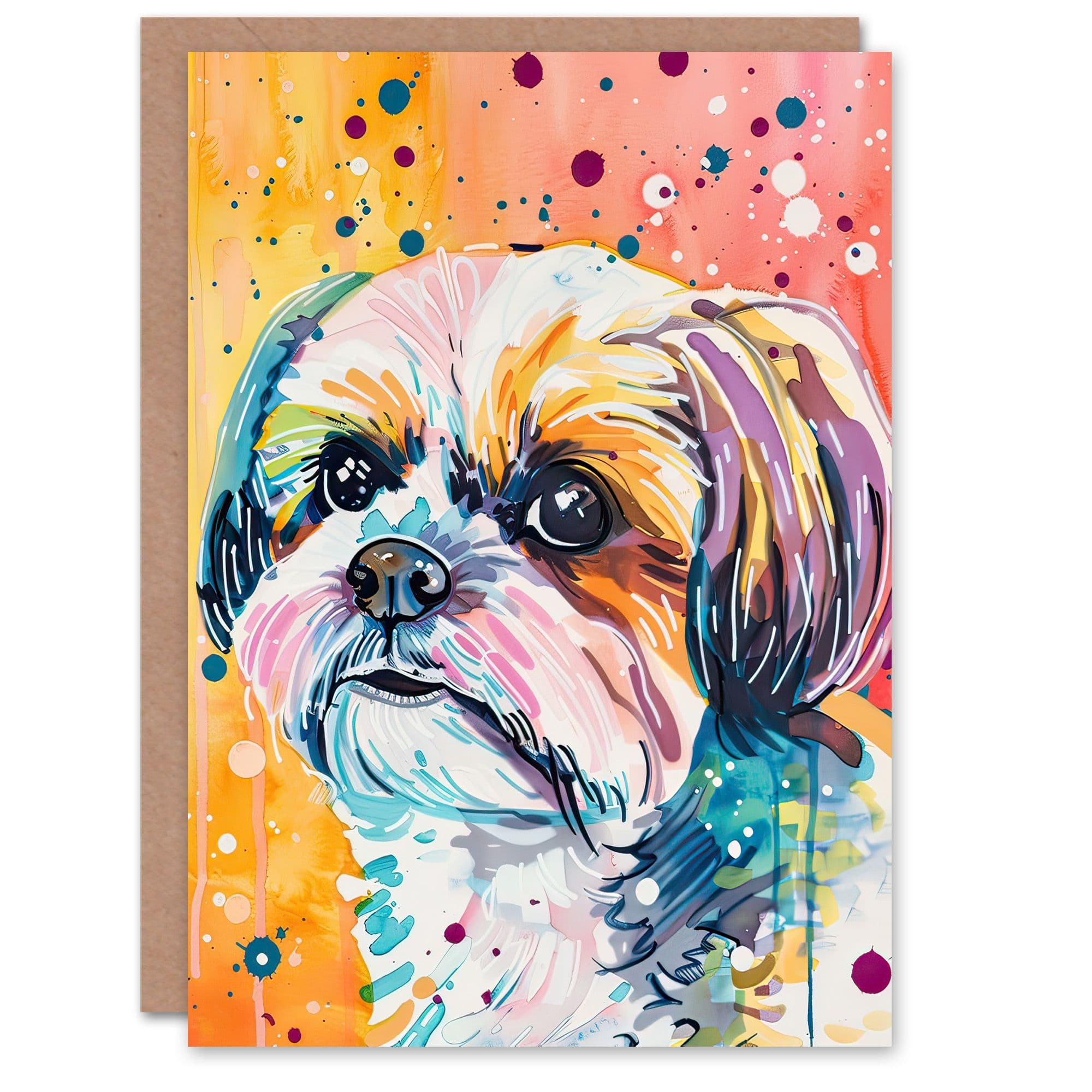Greeting Card Colourful Shih Tzu Portrait Dog Lover Watercolour