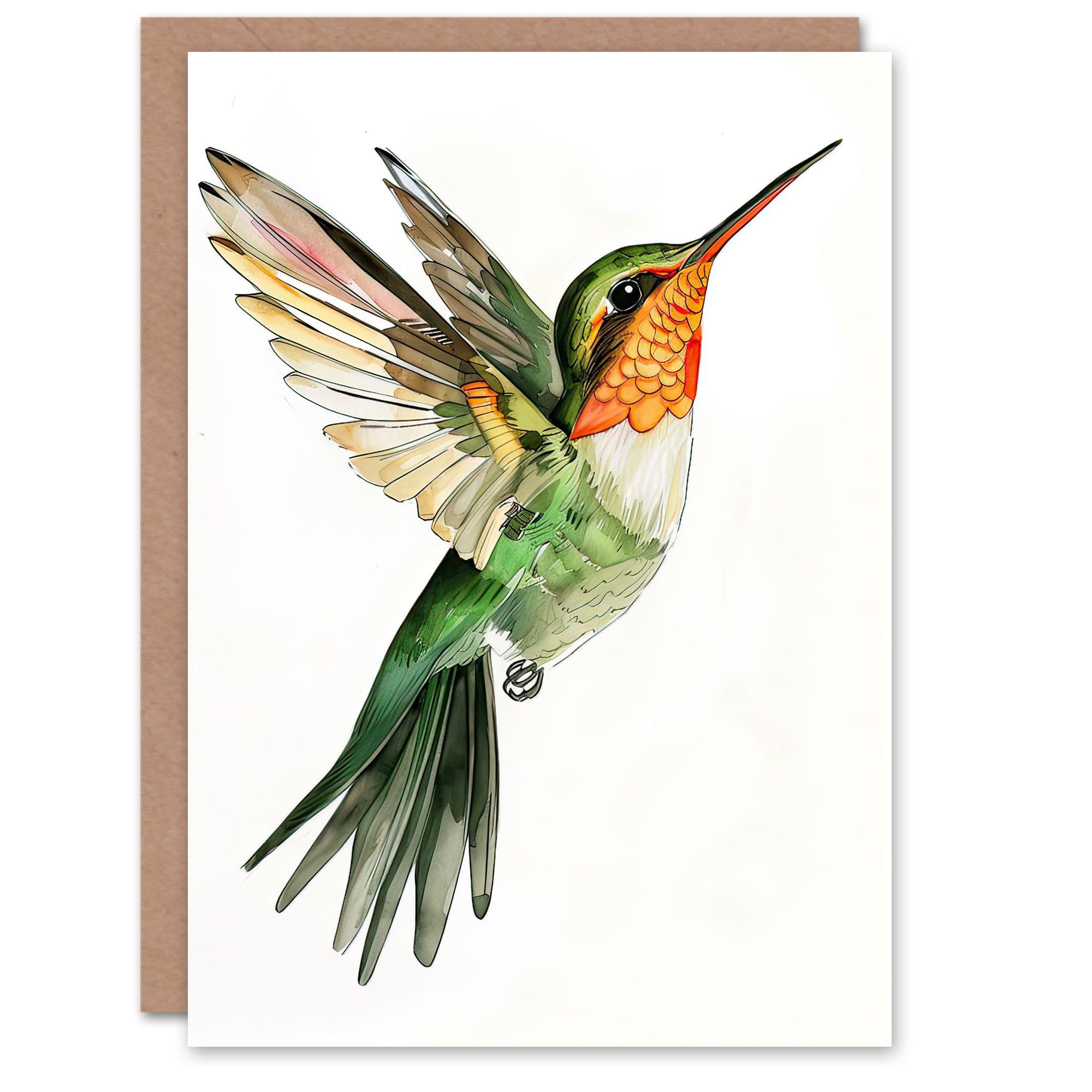Greeting Card Hummingbird Flight Orange Watercolour Birthday