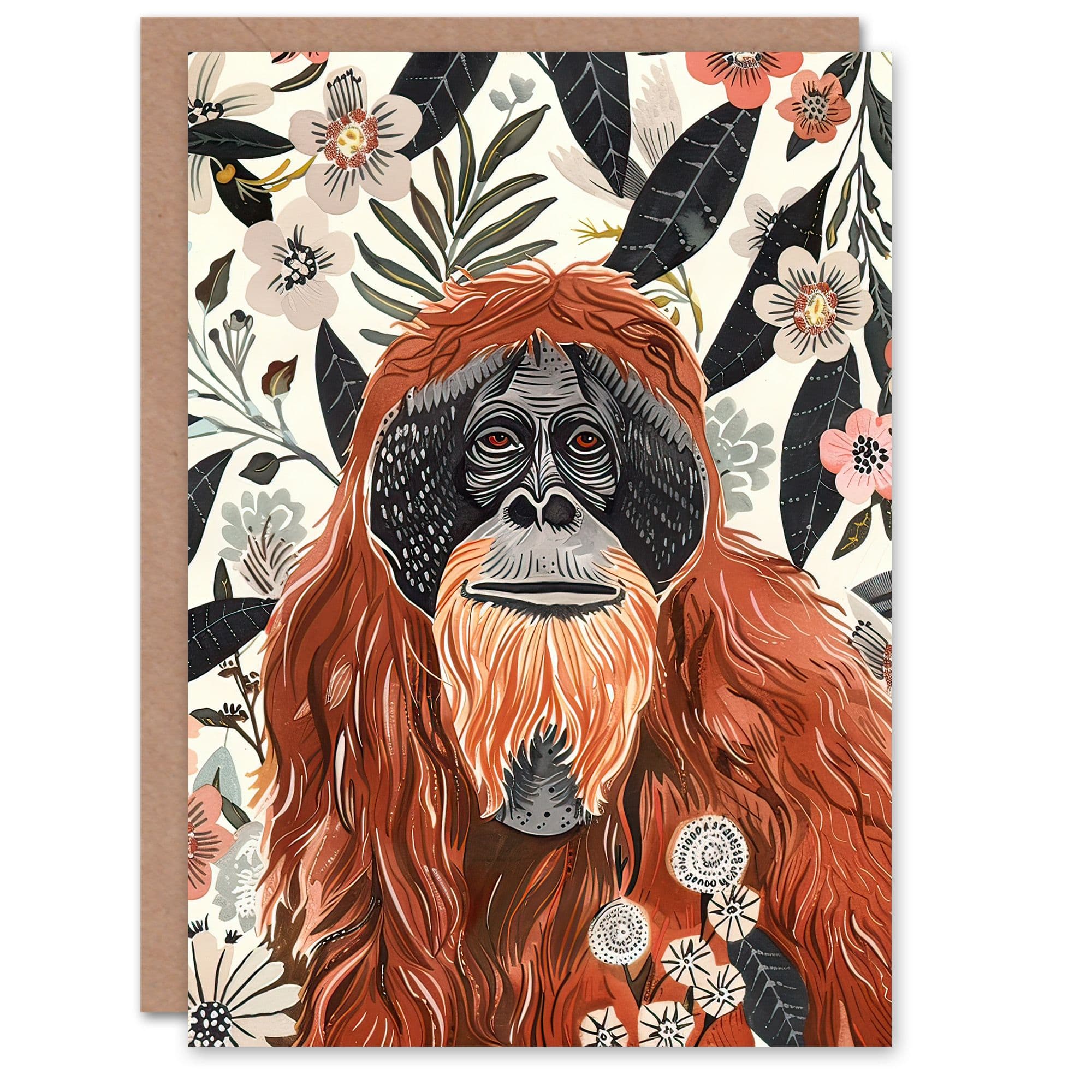 Greeting Card Orangutan in Floral Jungle Bright Watercolour Birthday