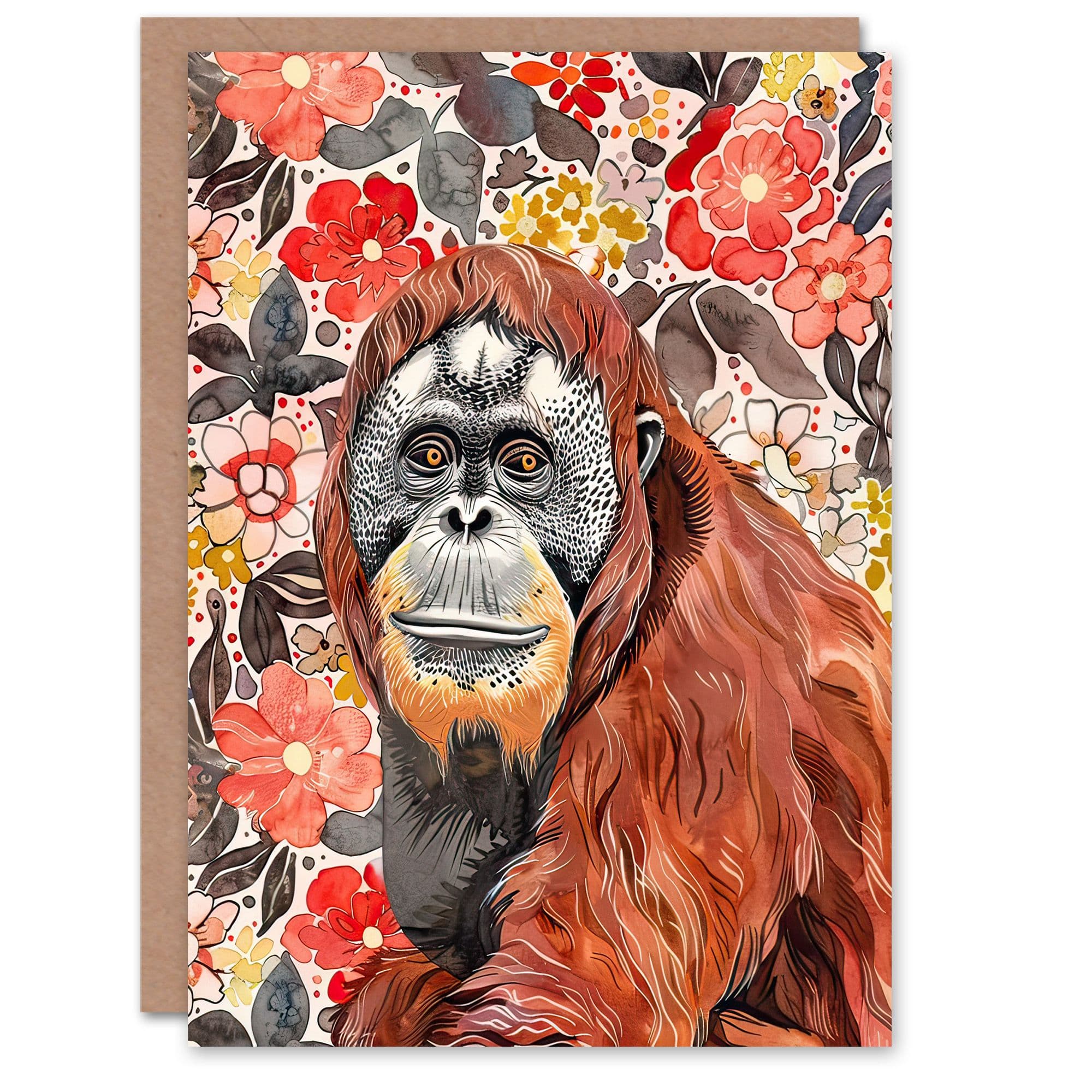 Greeting Card Orangutan Blooming Flowers Watercolour Birthday