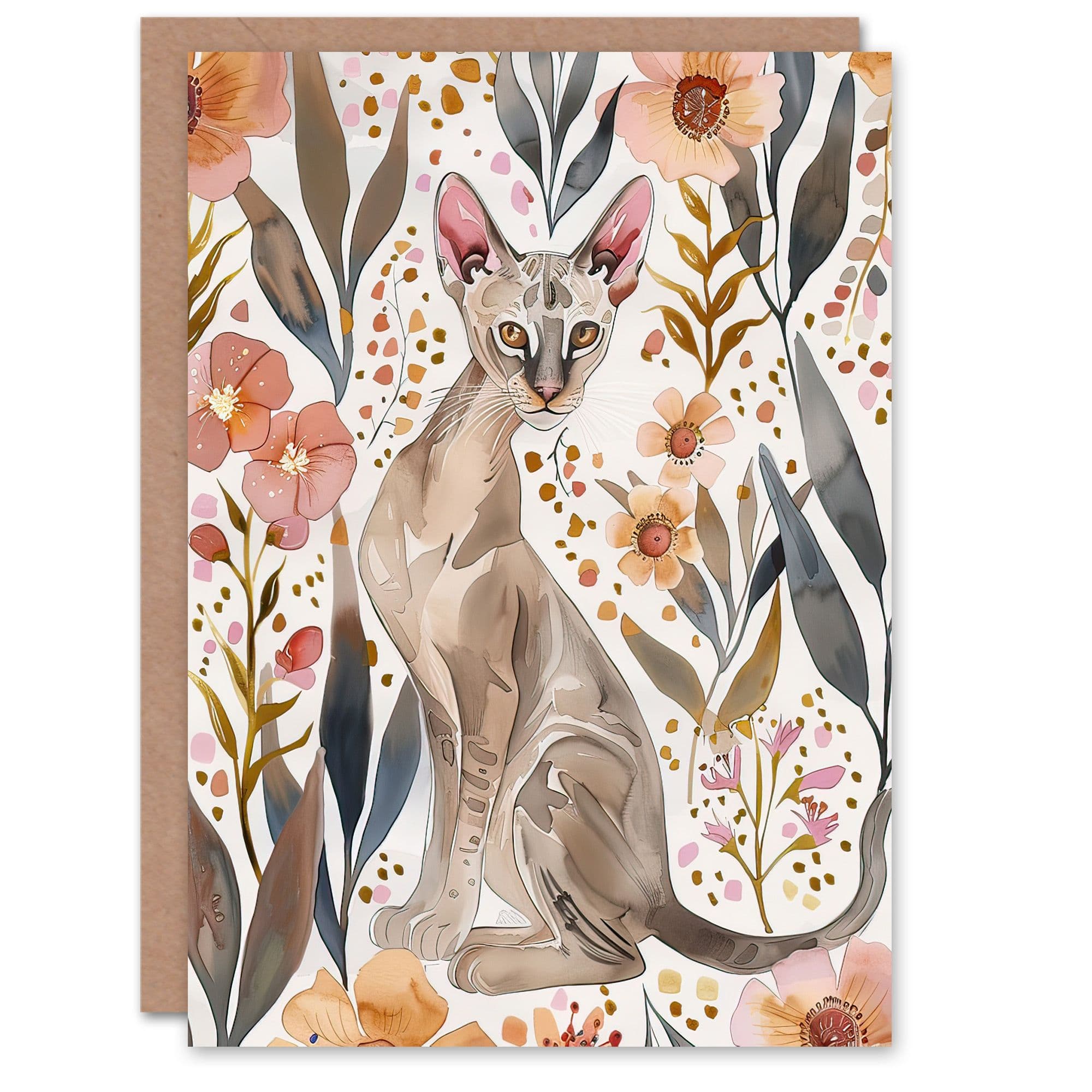 Greeting Card Cat Lover Oriental Shorthair Anemone Flowers