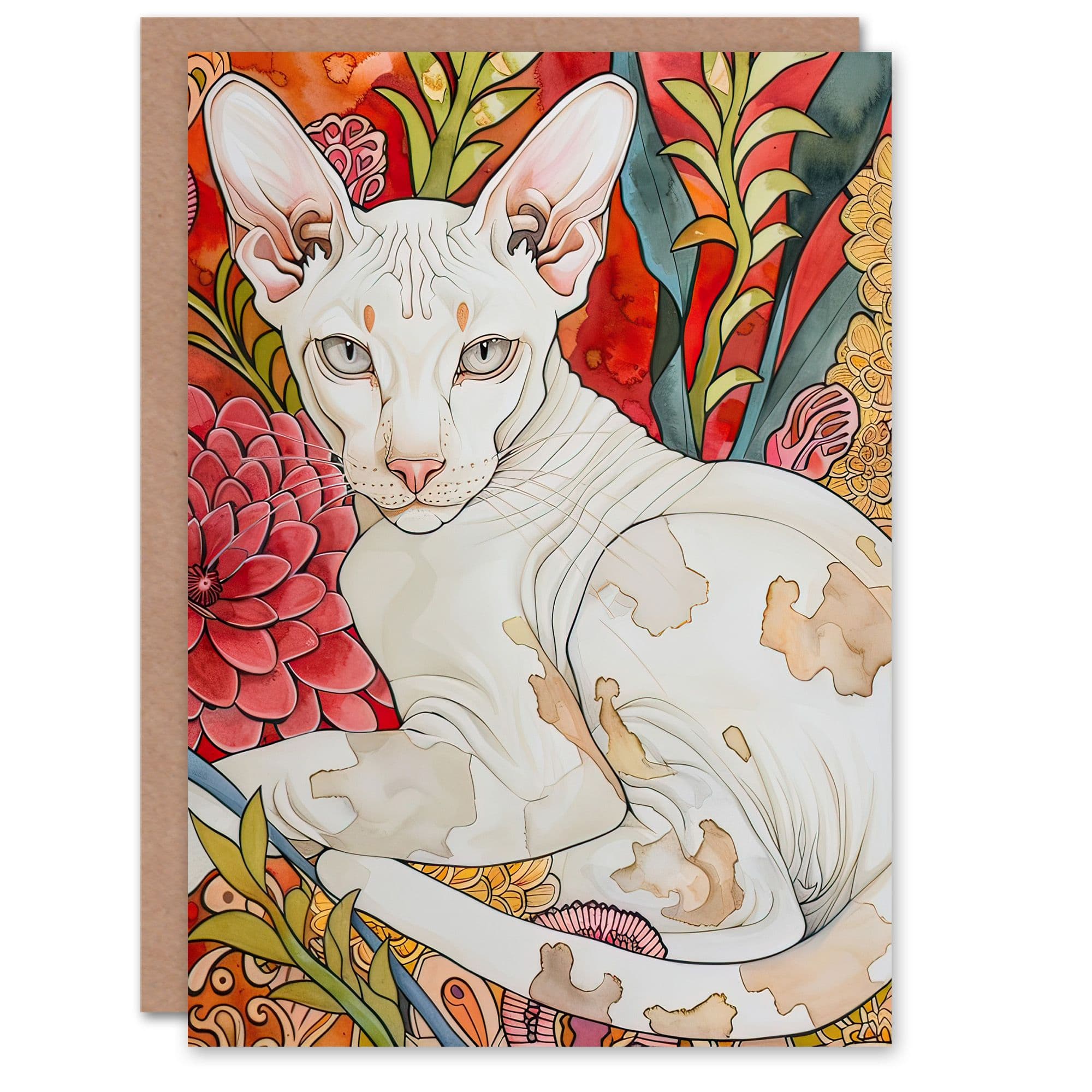Greeting Card Oriental Shorthair Cat Abstract Flower Garden
