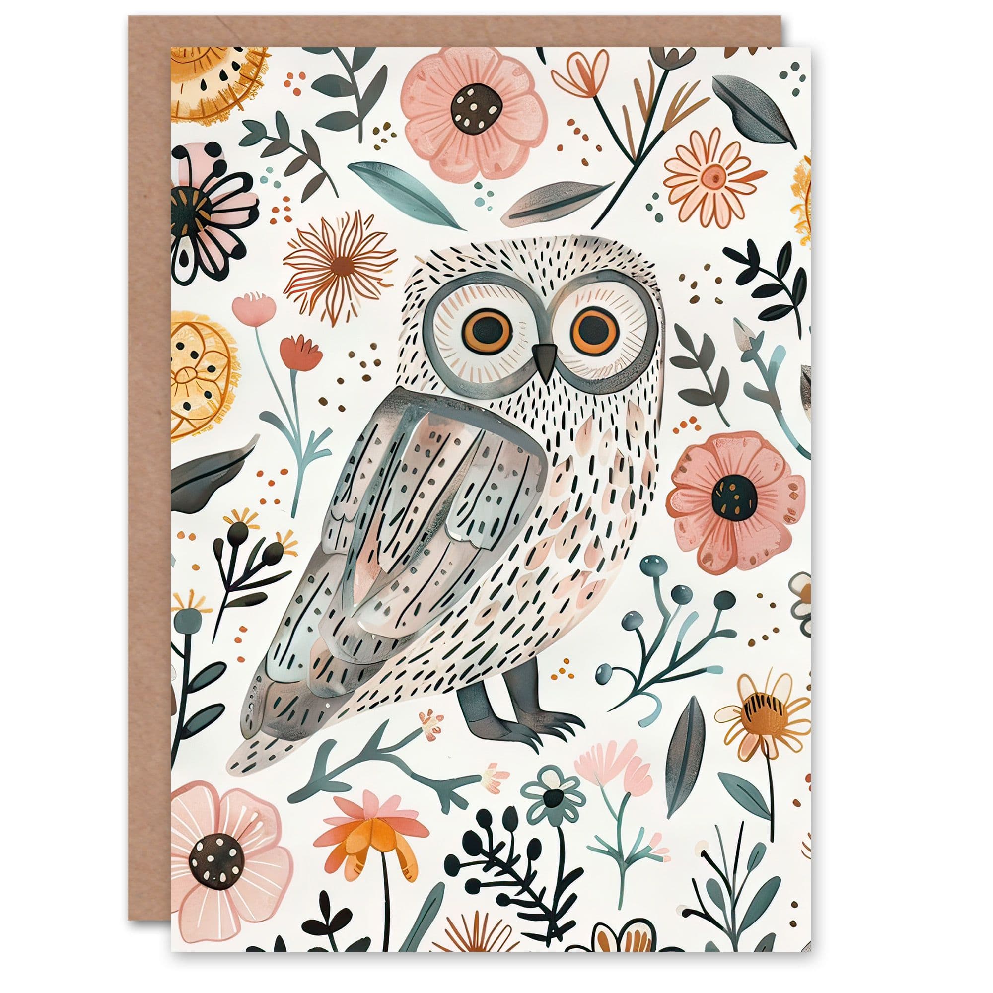 Greeting Card Cute Tawny Owl Flowers Bright Watercolour Birthday
