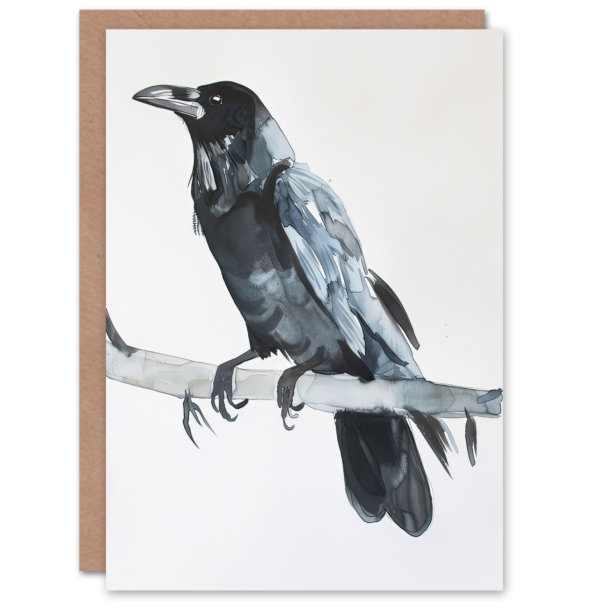 Greeting Card Raven Bird on Tree Branch Bright Watercolour Birthday
