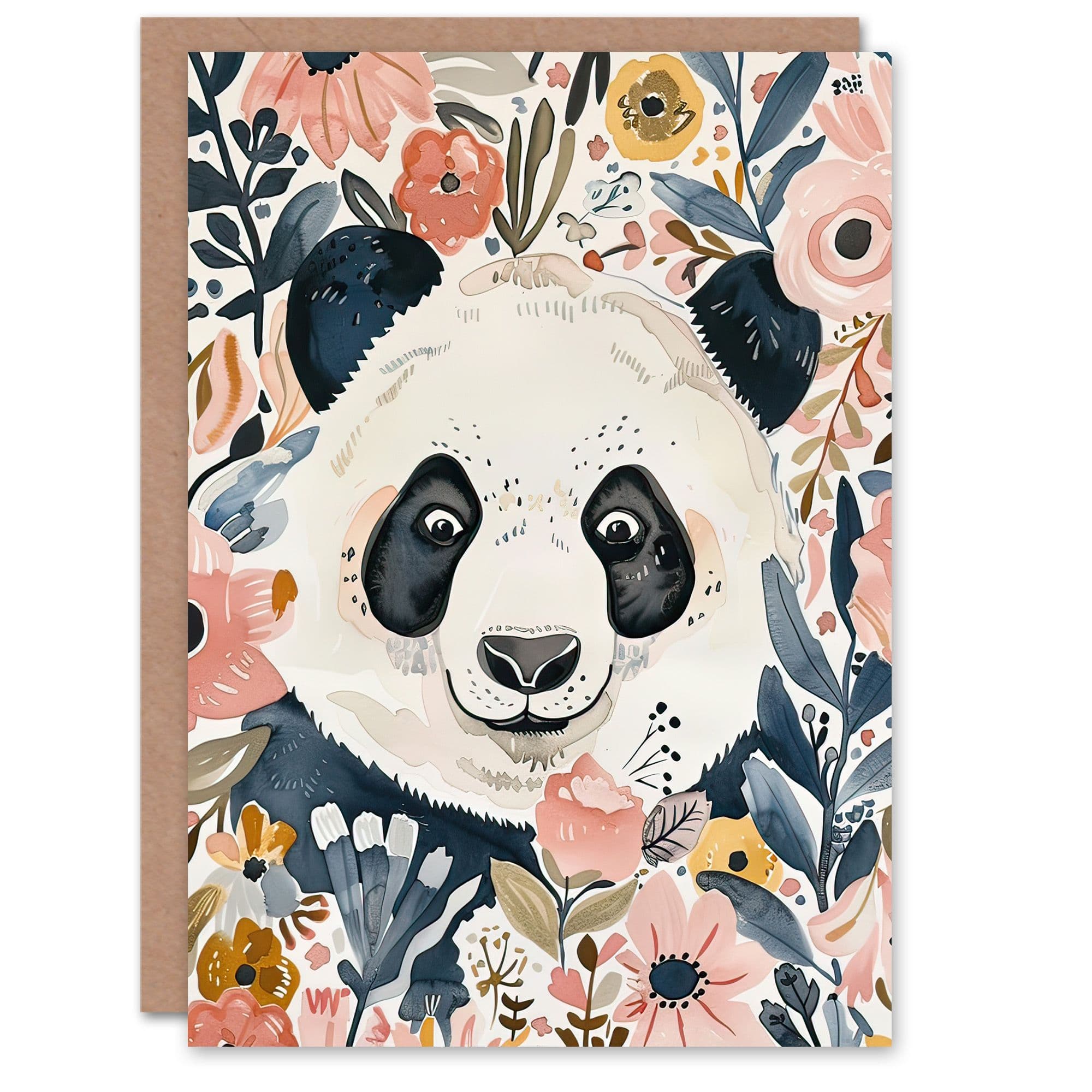 Greeting Card Panda Bear Hiding Spring Flowers Watercolour Birthday