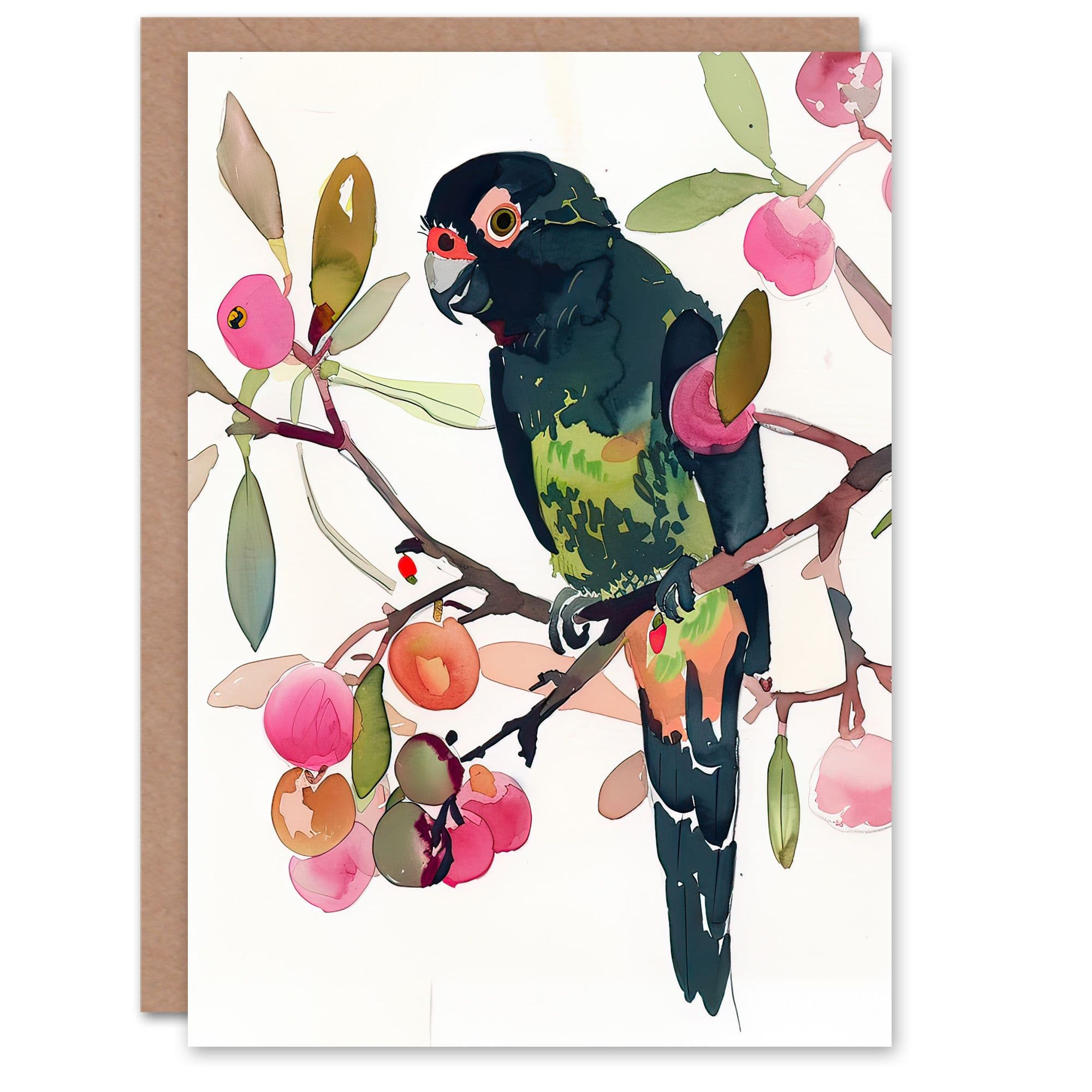 Greeting Card Parrot Perched on Fruit Tree Branch Watercolour Birthday