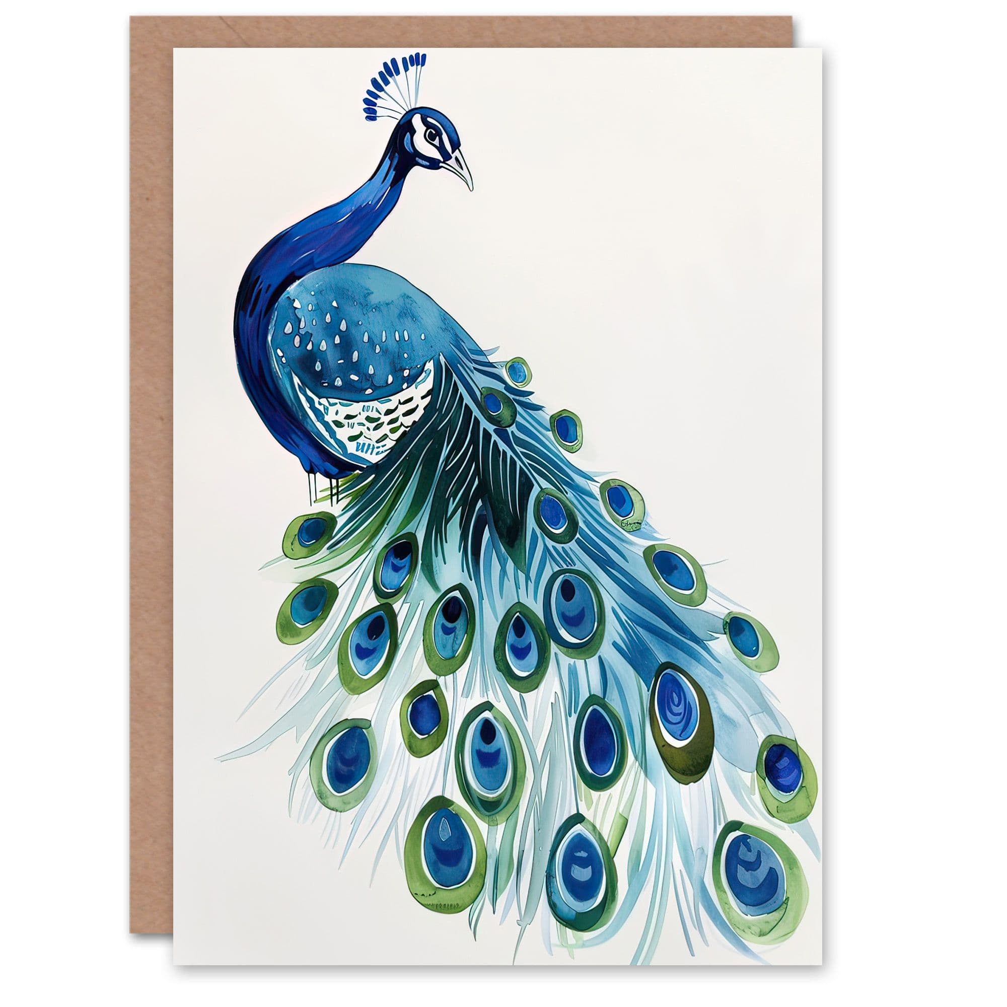 Greeting Card Peafowl Peacock Tail Feathers Watercolour Birthday
