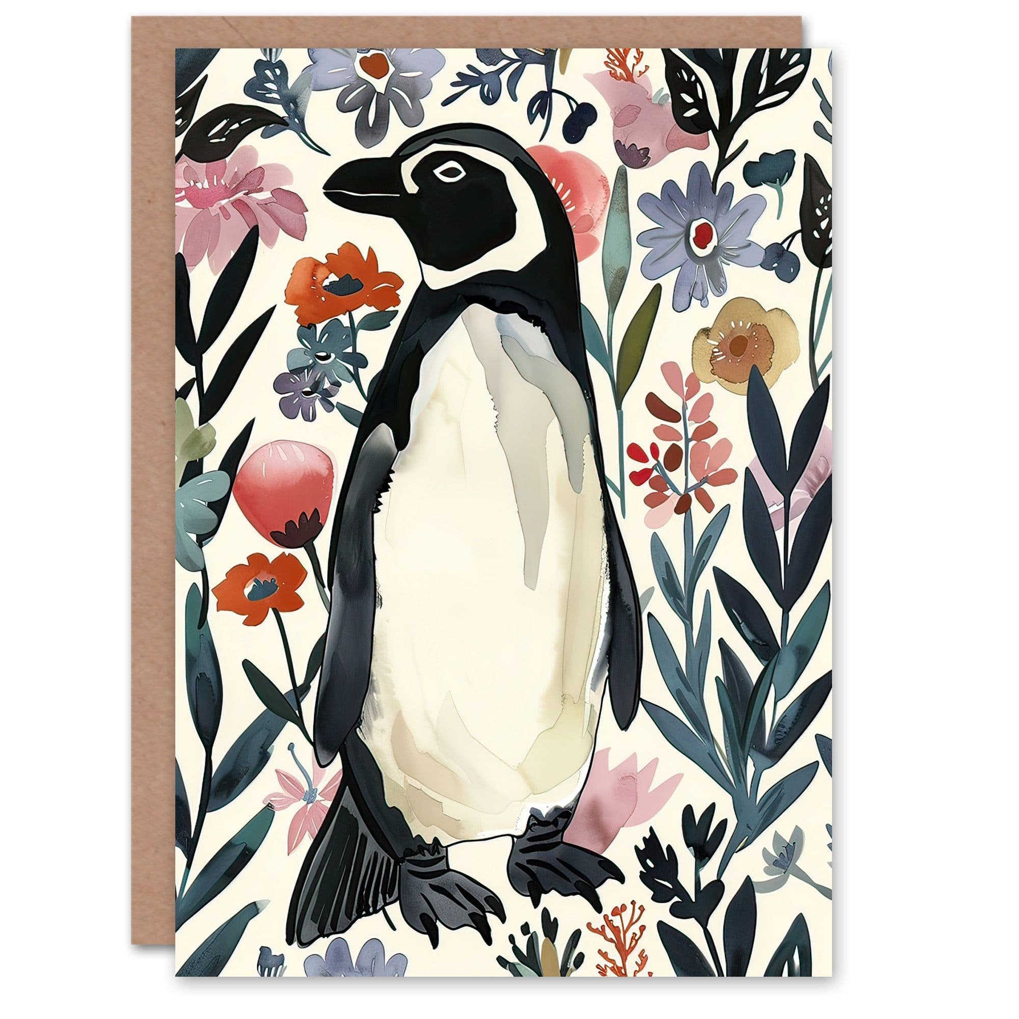 Greeting Card Penguin in Coastal Wildflowers Bright Floral Birthday