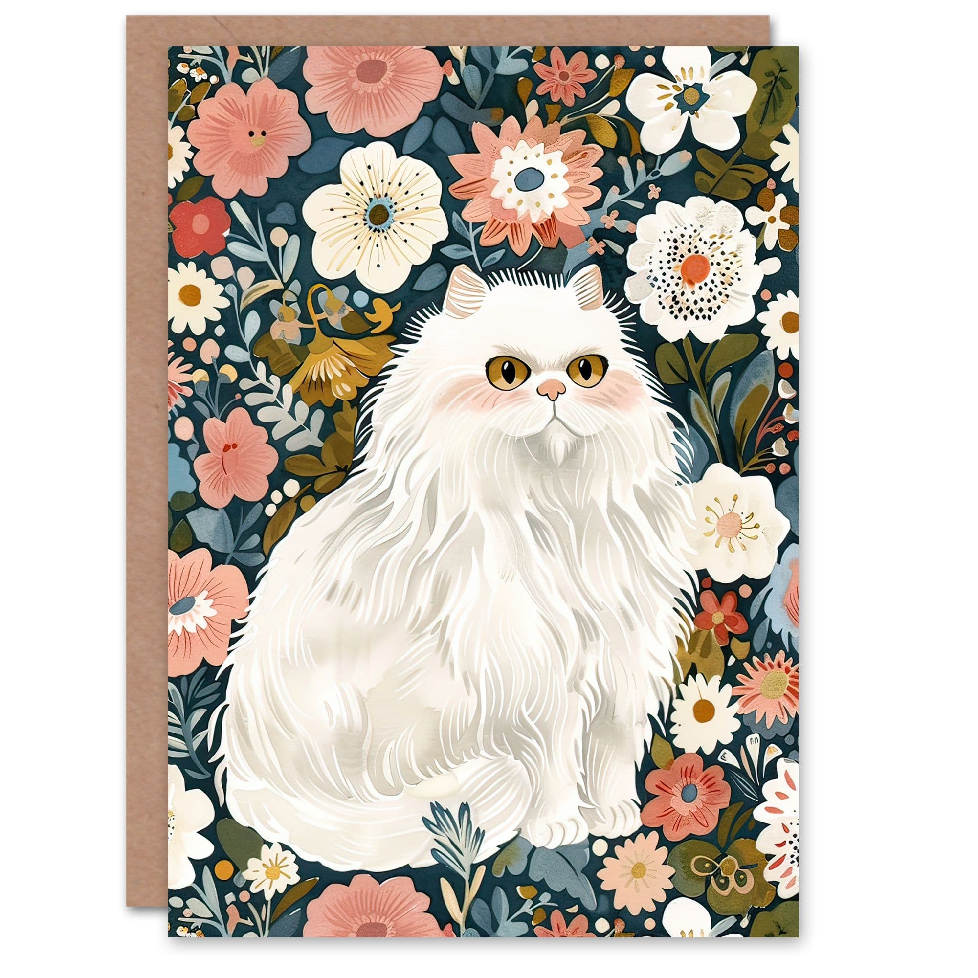 Greeting Card Elegant Persian Cat Lover Flower Garden Portrait