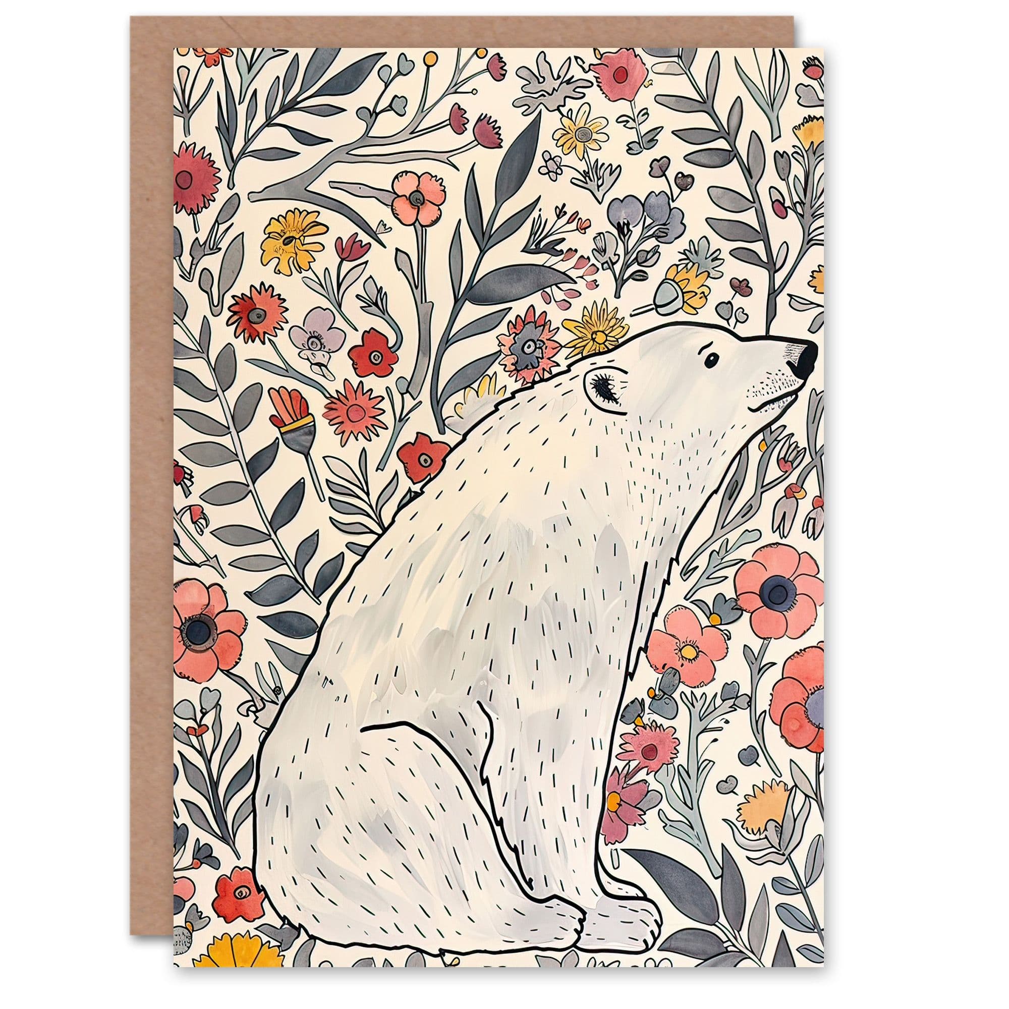 Greeting Card Polar Bear Wildflower Pattern Soft Watercolour Birthday