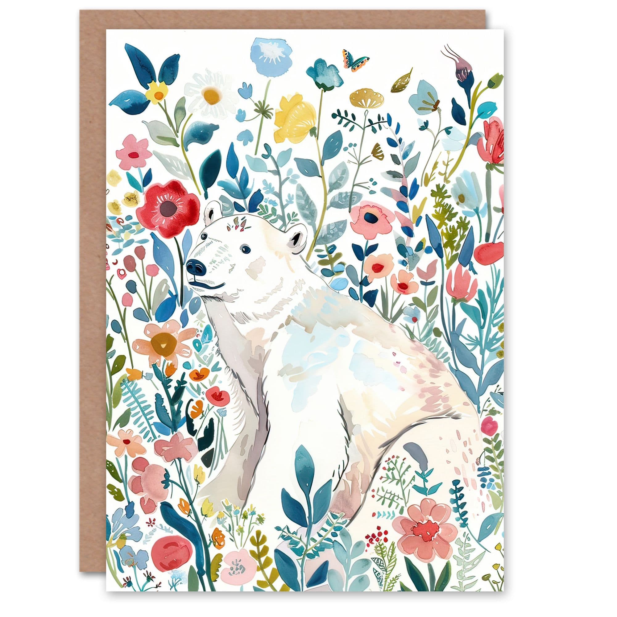 Greeting Card Polar Bear Basking Wildflower Field Watercolour Birthday