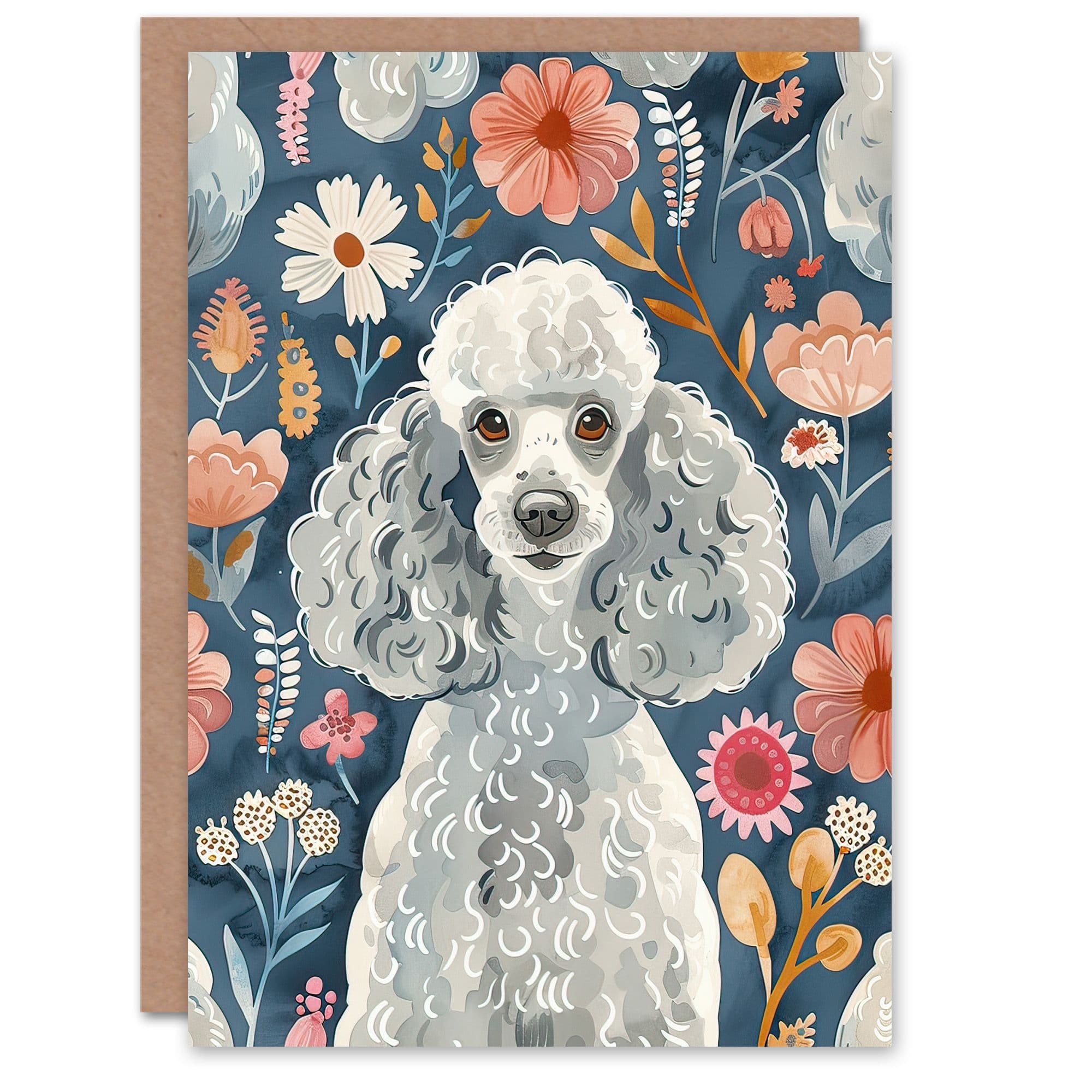 Greeting Card Cute Poodle Floral Portrait Blue Pink Dog Lover Birthday