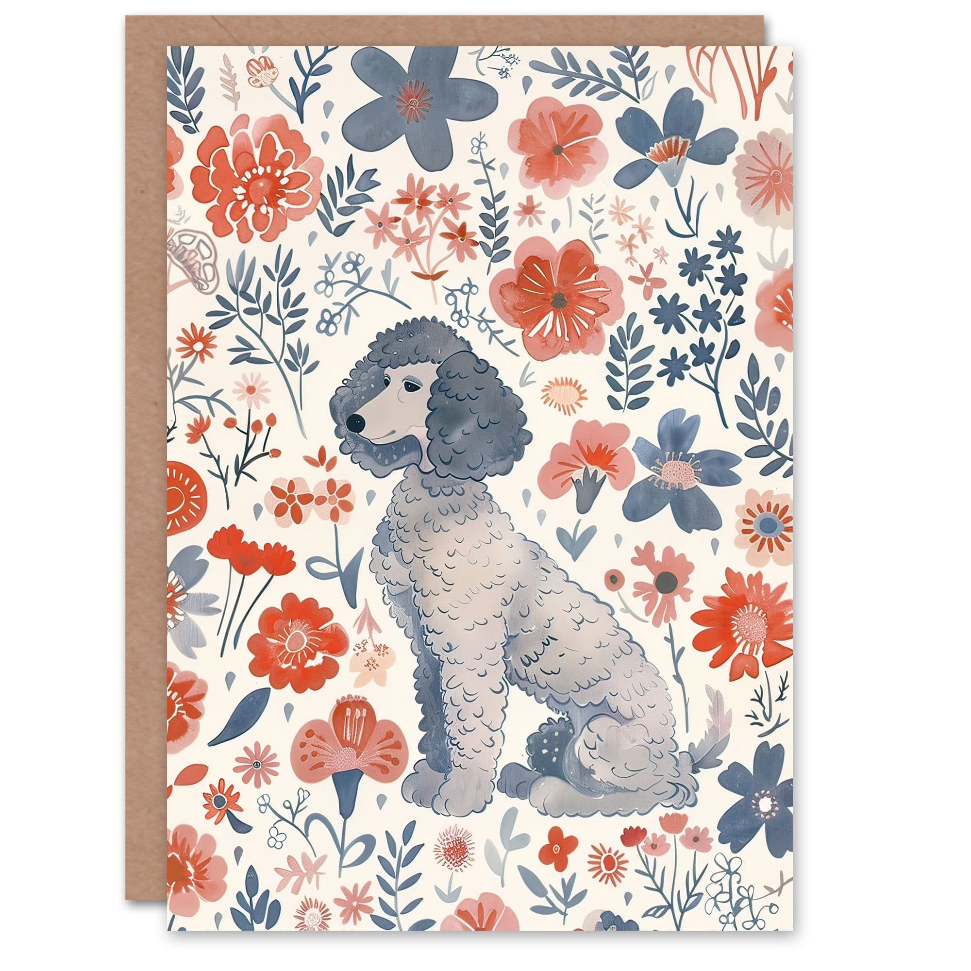 Greeting Card Dog Lover Grey Poodle Flower Pattern Birthday