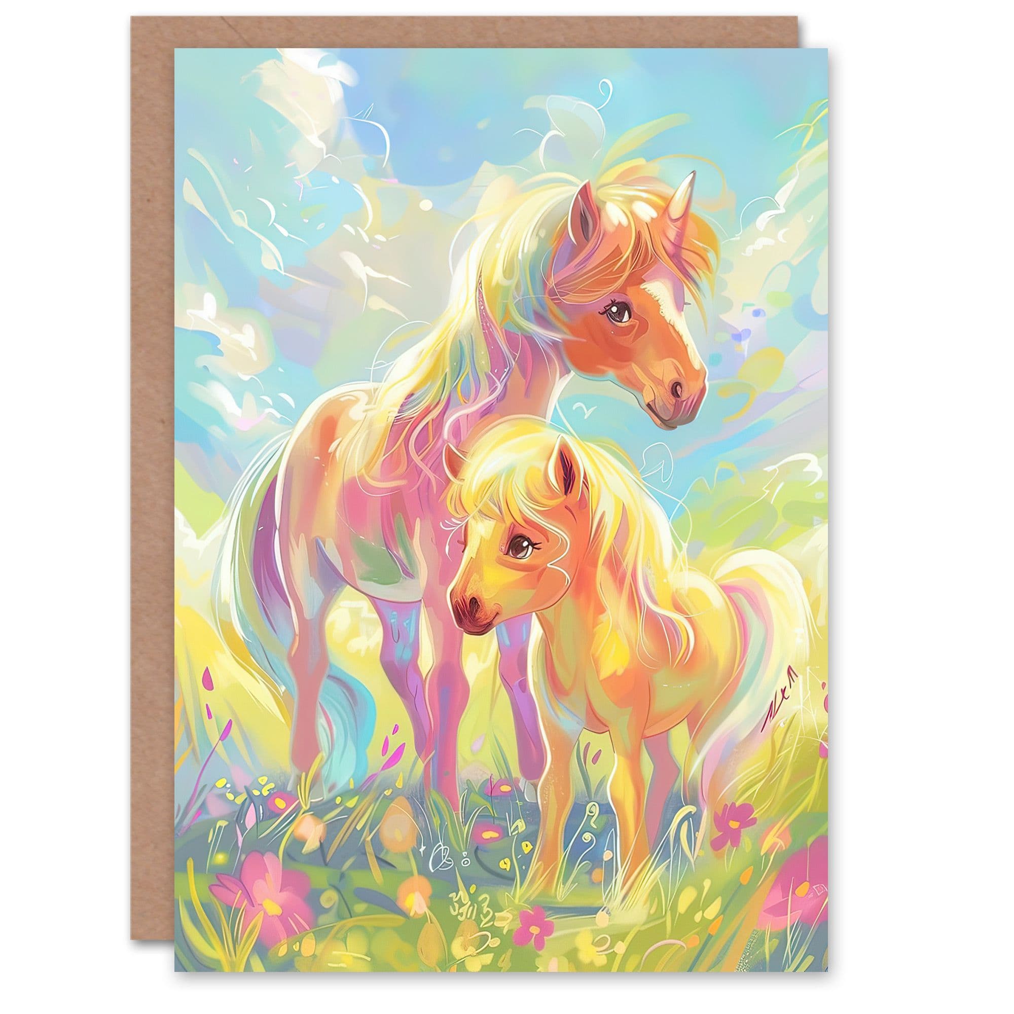 Greeting Card Cute Rainbow Ponies in Flower Meadow Cartoon Birthday