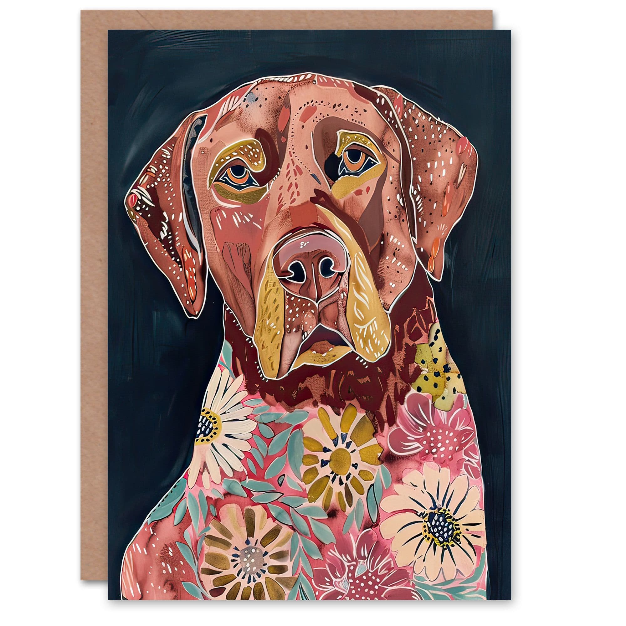 Greeting Card Dog Lover Floral Red Labrador Folk Watercolour Birthday